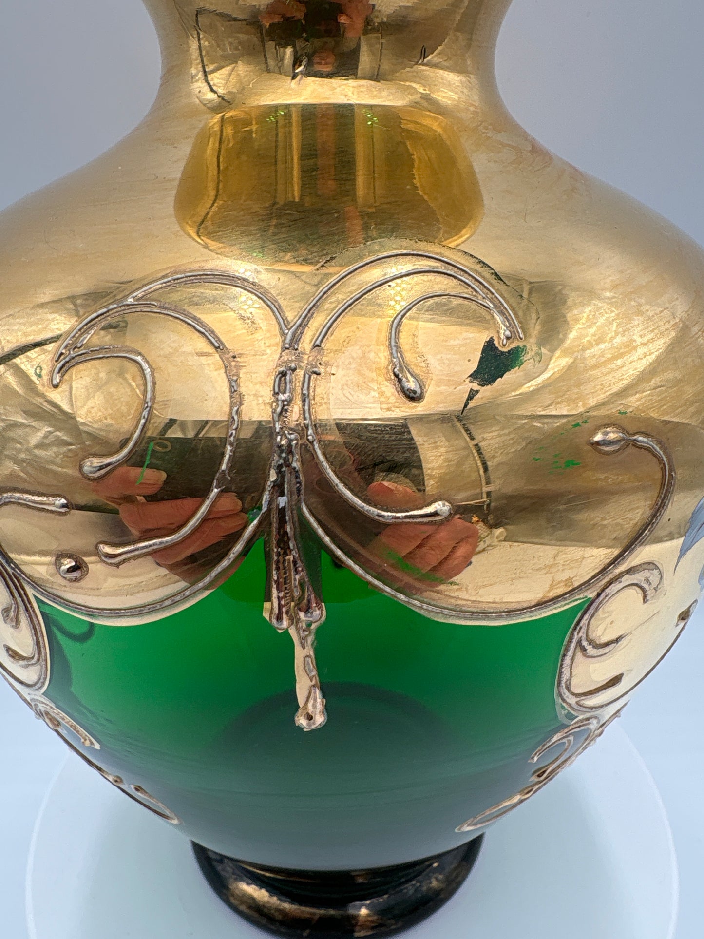Vintage Bohemia krystal med Guld og Enamel, Vase, Grøn, 22cm