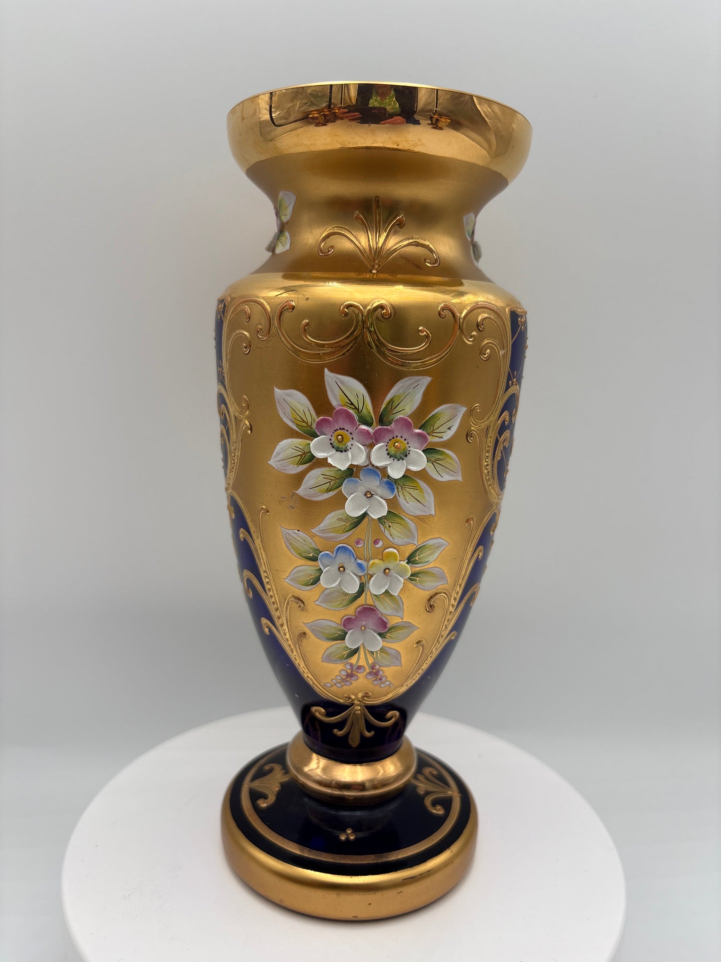 Vintage Bohemia krystal med Guld og Enamel-Vase på fod-Blå(3)-22cm