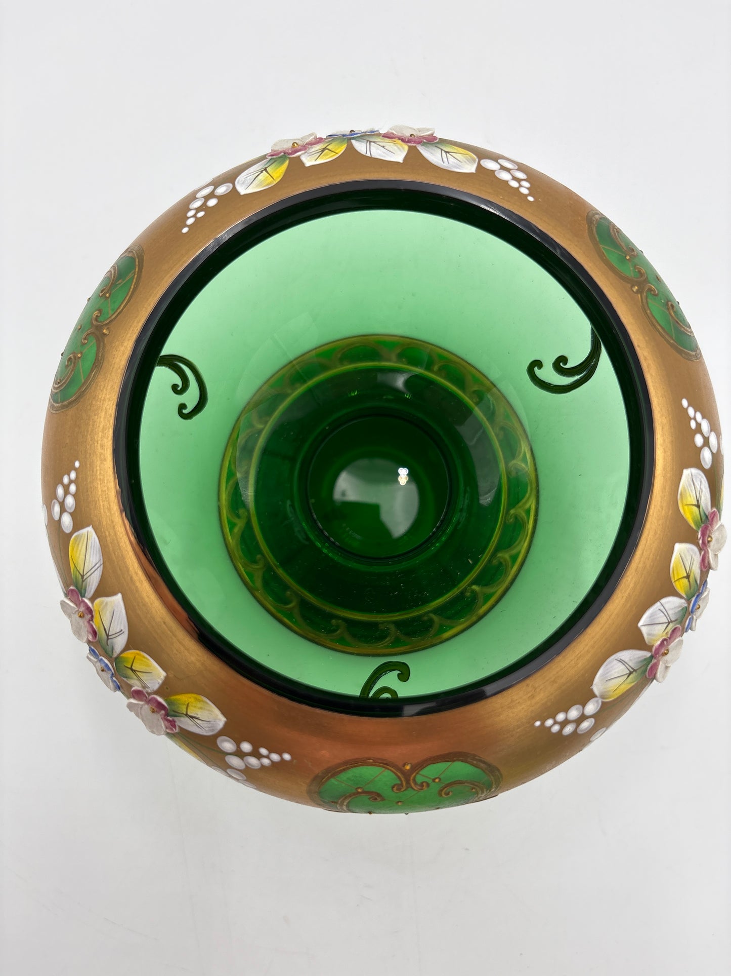 Vintage Bohemia krystal med Guld og Enamel, Stor Bonbonniere på fod , grøn, 24cm