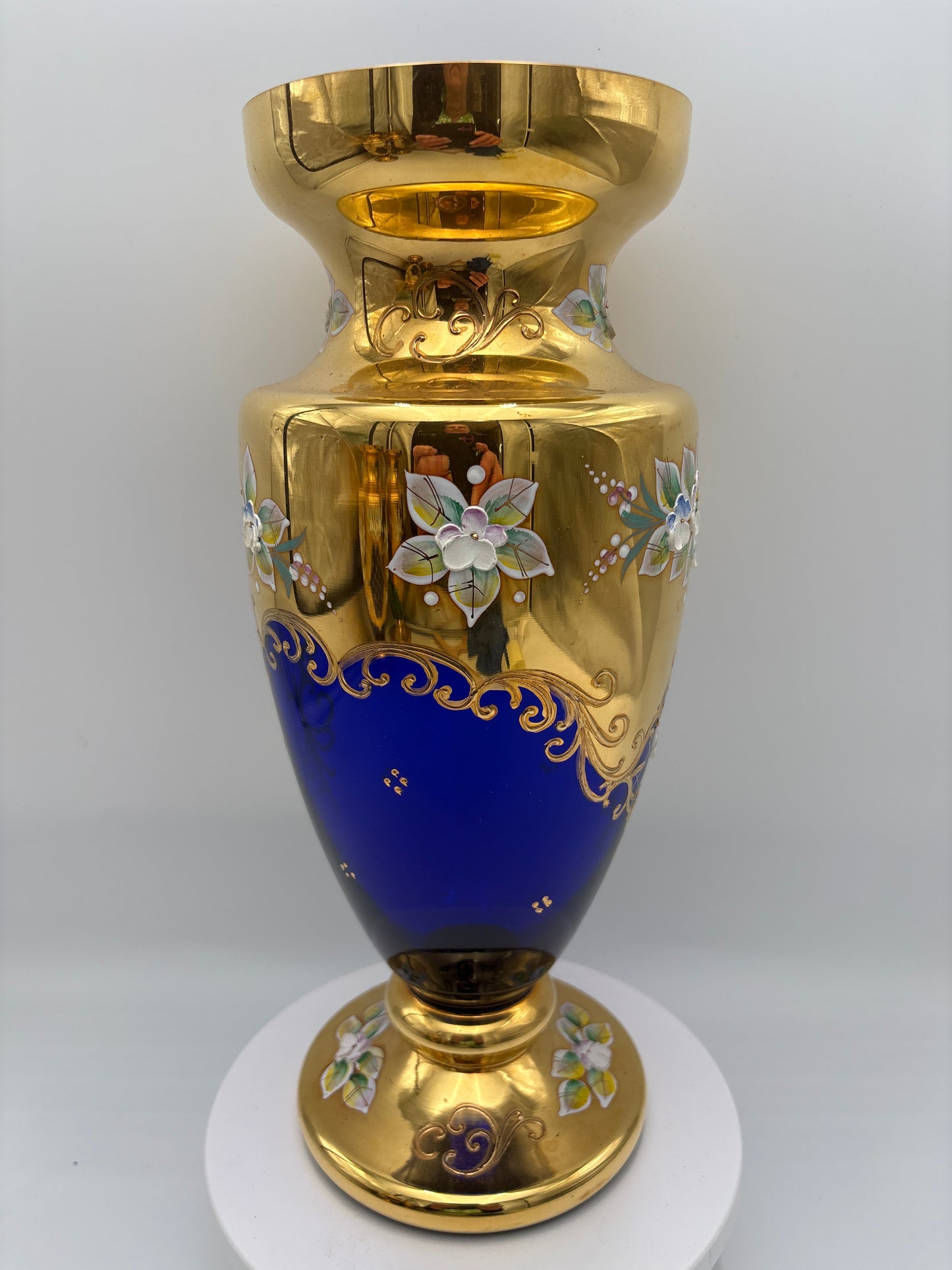 Vintage Bohemia krystal med Guld og Enamel-Vase på fod-Blå(1)-30cm