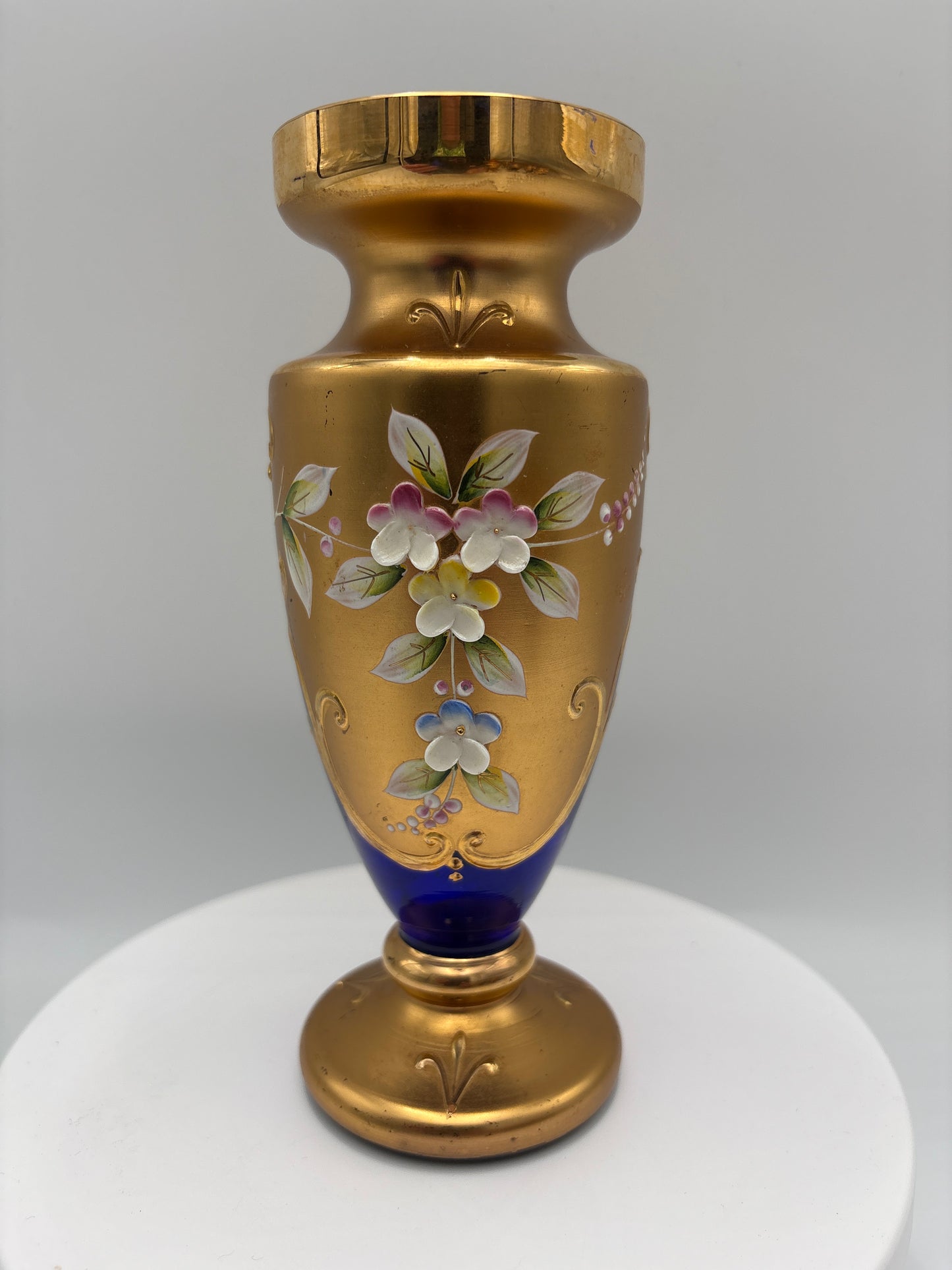 Vintage Bohemia krystal med Guld og Enamel-Vase på fod-Blå(1)-17cm