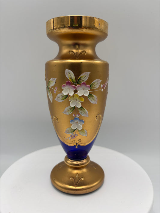 Vintage Bohemia krystal med Guld og Enamel-Vase på fod-Blå(1)-17cm