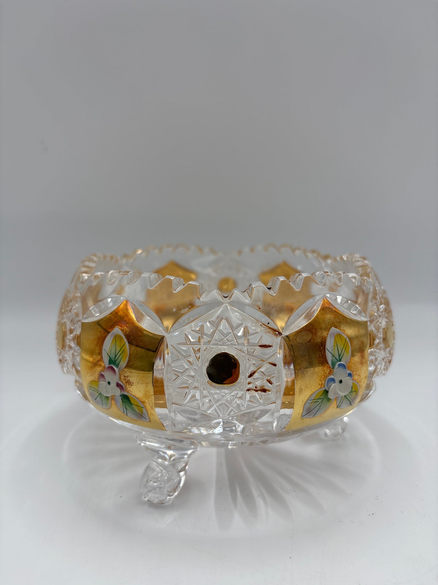 Vintage Bohemia krystal med Guld og Enamel, skål med fødder, Klar, ø15cm