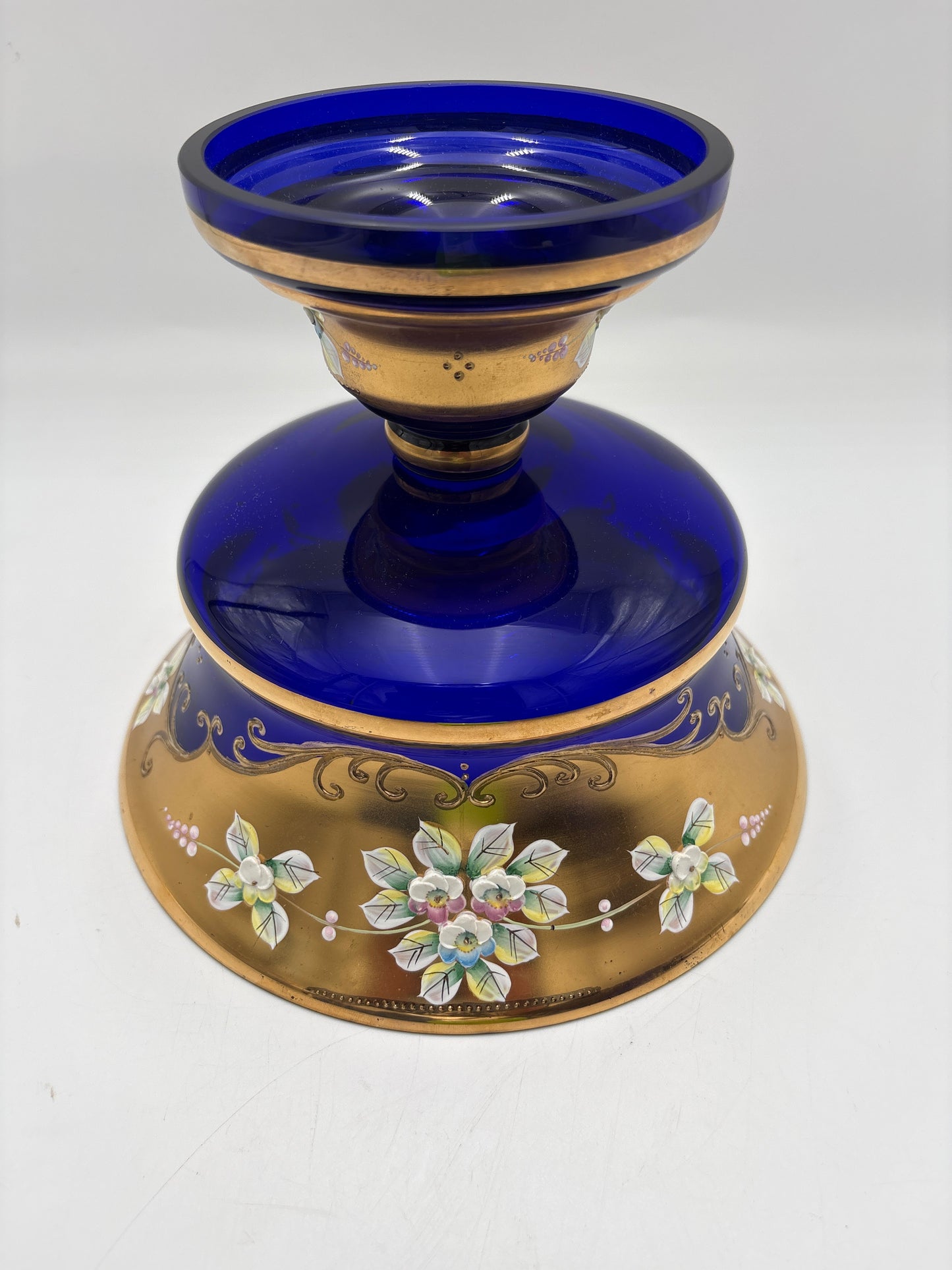 Vintage Bohemia krystal med Guld og Enamel, Opsats på fod, Blå,17cm
