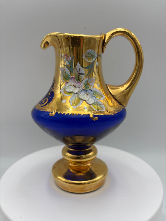 Vintage Bohemia krystal med Guld og Enamel, Kande, Blå(1), 16cm