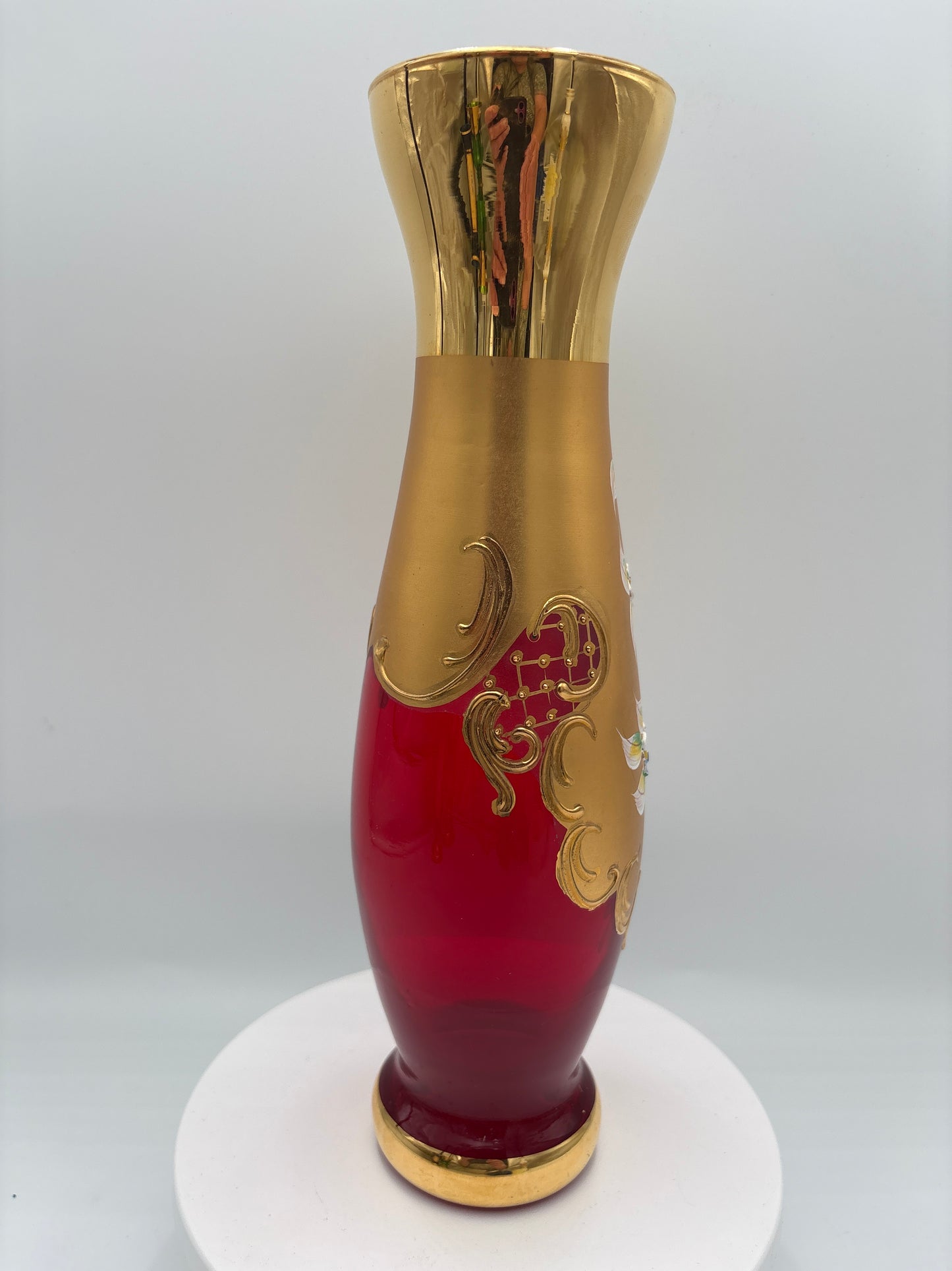 Vintage Bohemia krystal med Guld og Enamel, Vase, Rød, 28cm