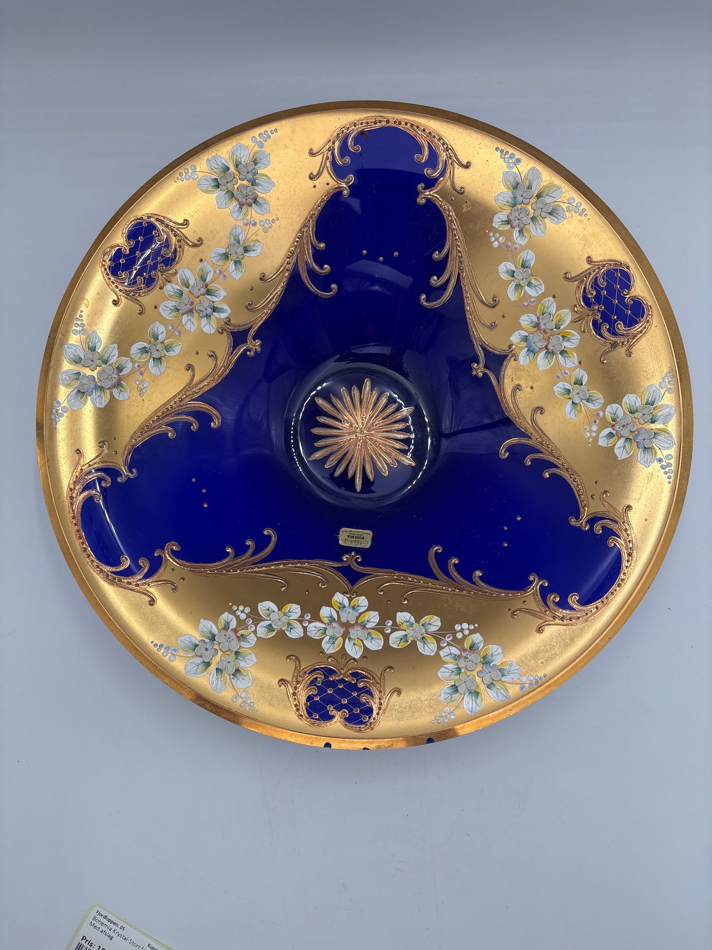 Vintage Bohemia krystal med Guld og Enamel, Fad, Blå, ø32,5cm
