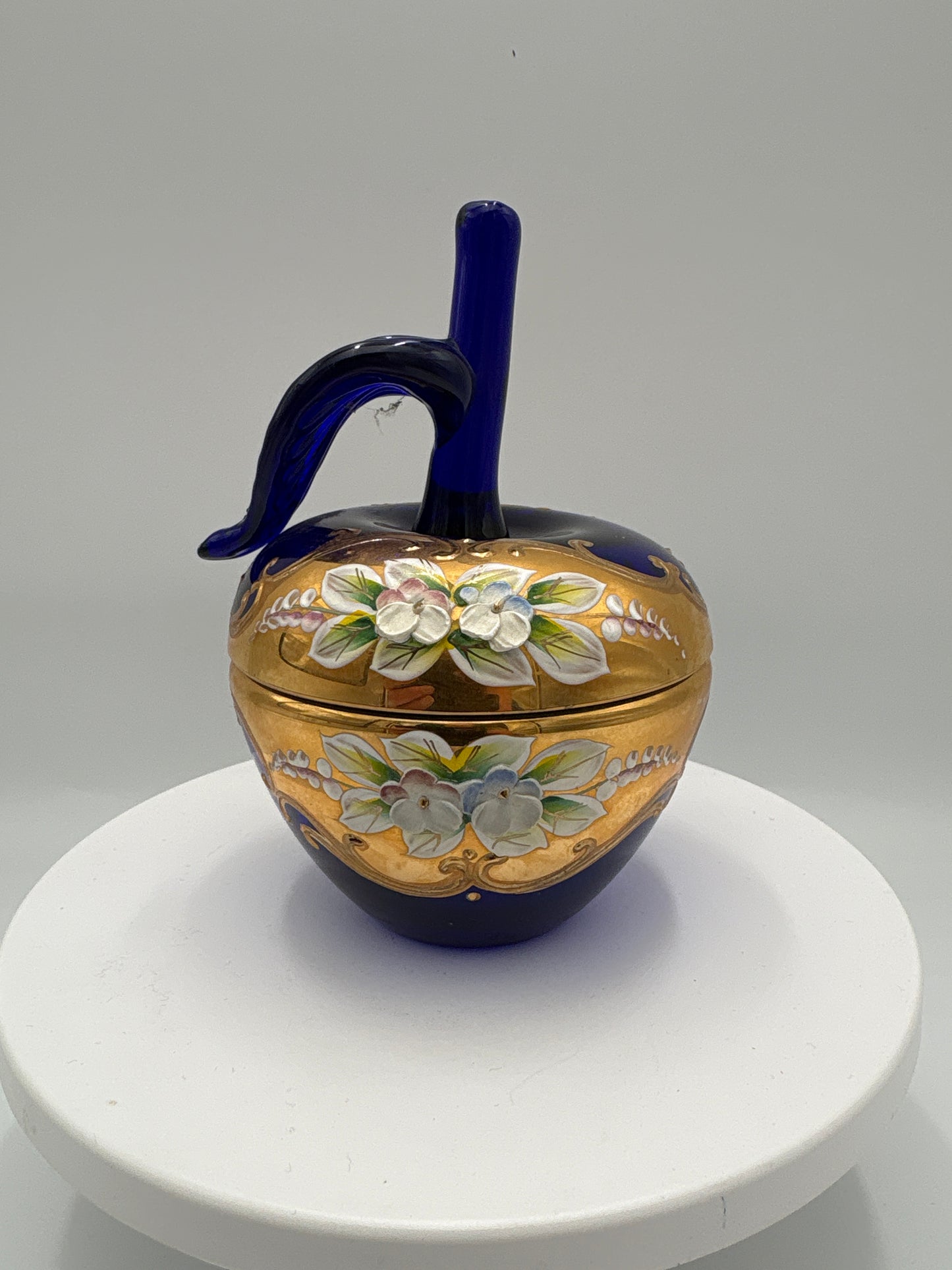 Vintage Bohemia krystal med Guld og Enamel, Æble Bonboniere, Blå, 13cm