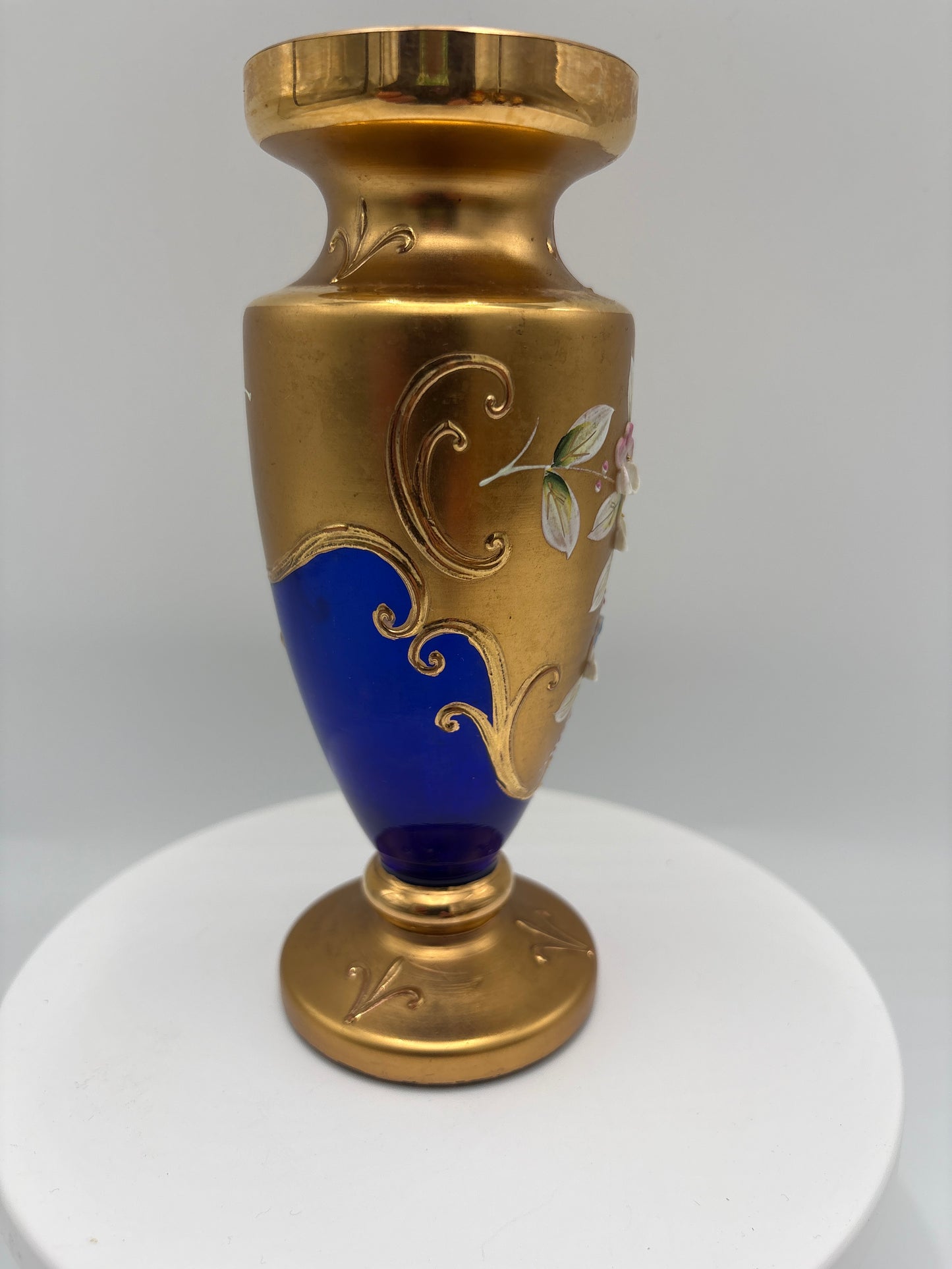 Vintage Bohemia krystal med Guld og Enamel-Vase på fod-Blå(2)-17cm