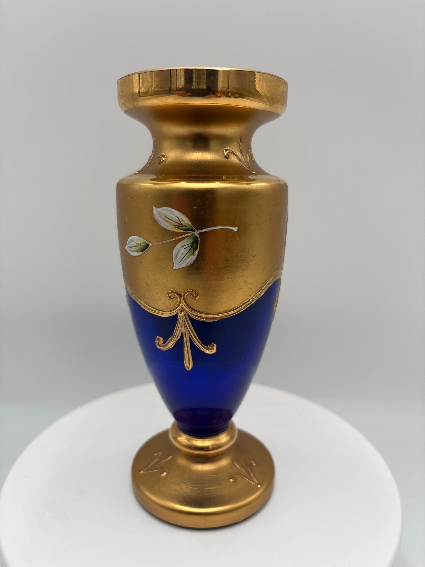 Vintage Bohemia krystal med Guld og Enamel-Vase på fod-Blå(2)-17cm