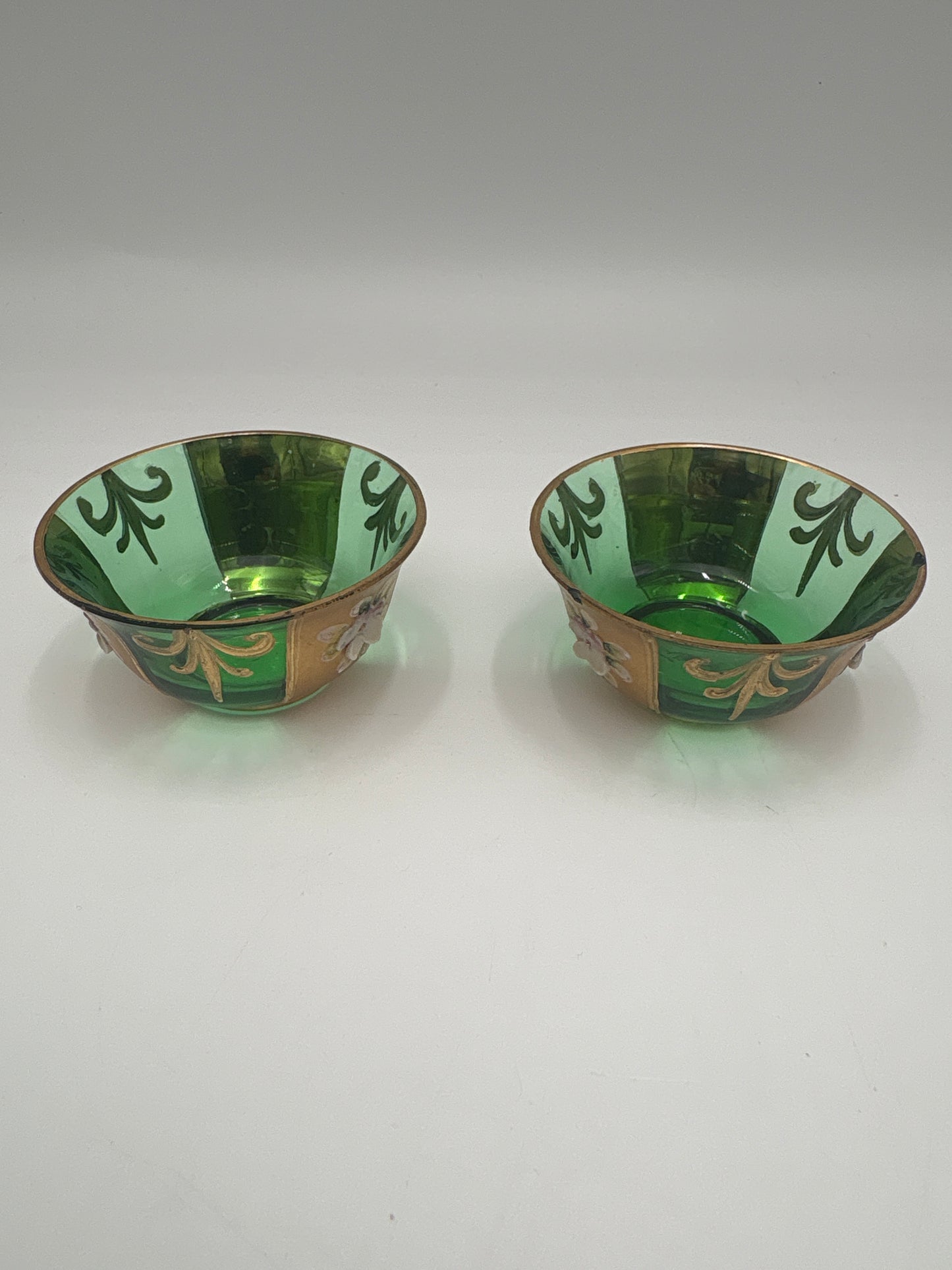 Vintage Bohemia krystal med Guld og Enamel, 2 små fyrfadsstager, Grøn, ø6cm