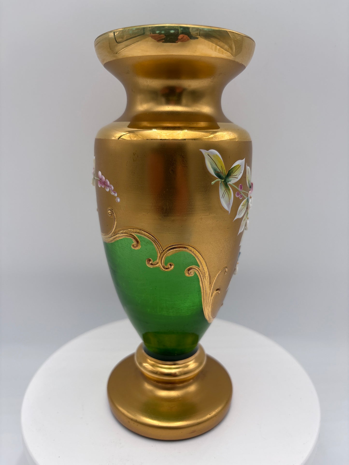 Vintage Bohemia krystal med Guld og Enamel-Vase på fod-Grøn(2)-19cm