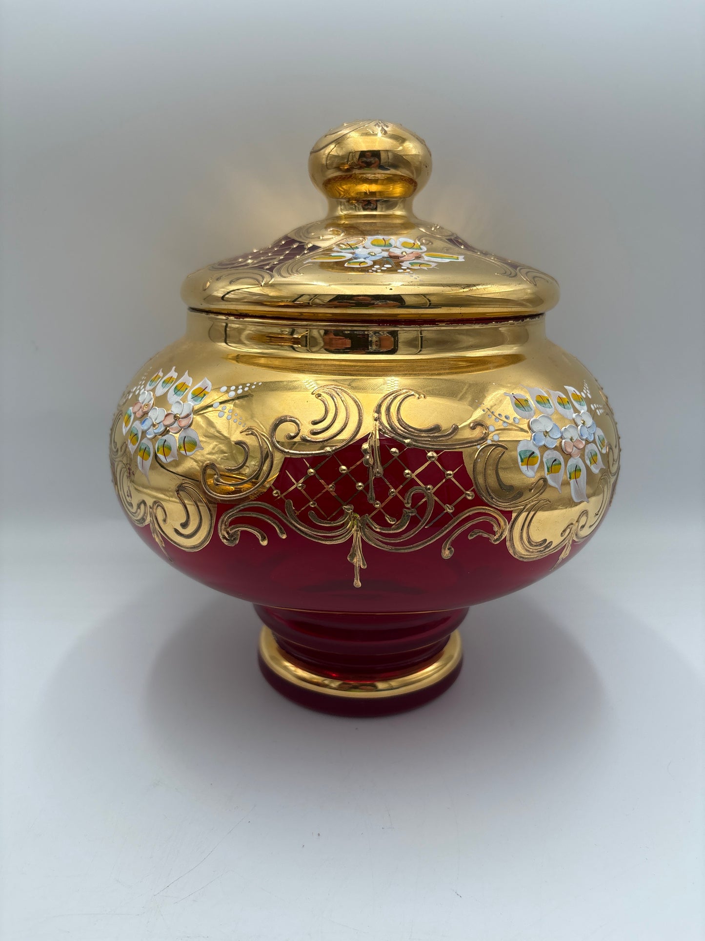 Vintage Bohemia krystal med Guld og Enamel, Punch Bowl, Rød, 26cm