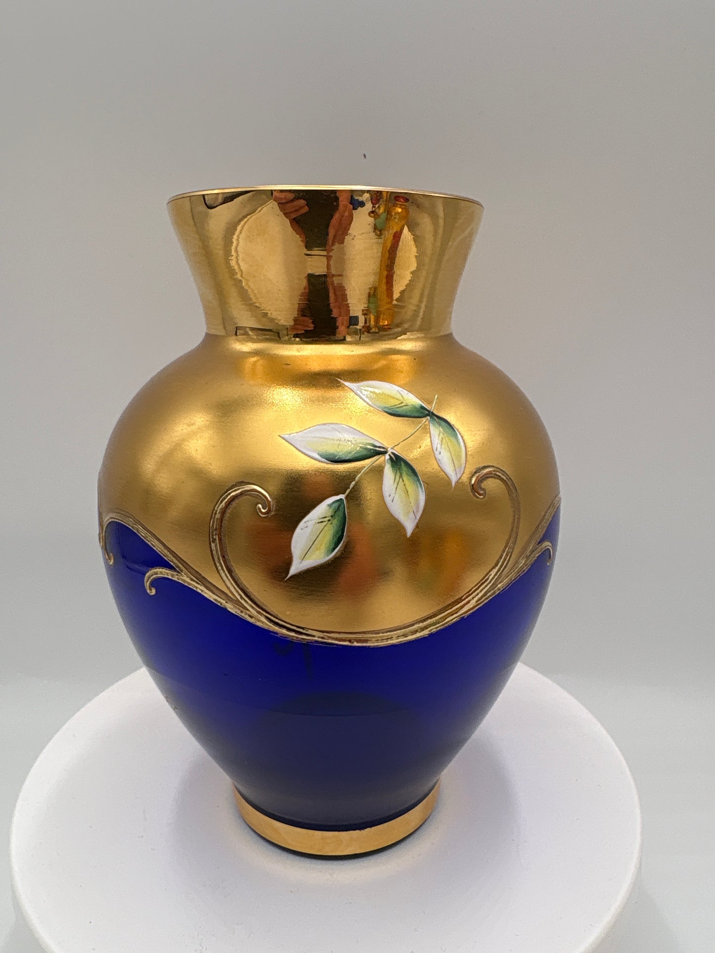 Vintage Bohemia krystal med Guld og Enamel, Vase,  blå, 16cm