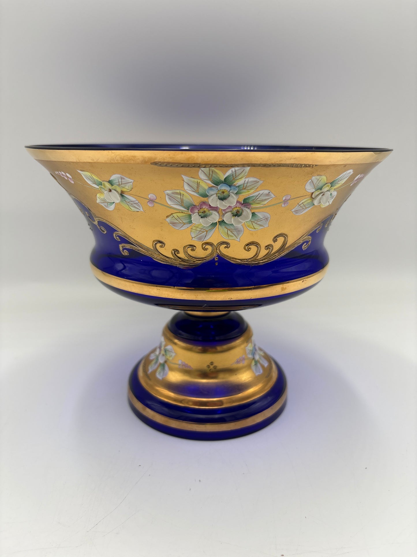 Vintage Bohemia krystal med Guld og Enamel, Opsats på fod, Blå,17cm