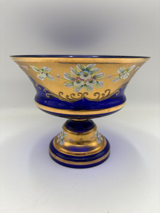 Vintage Bohemia krystal med Guld og Enamel, Opsats på fod, Blå,17cm