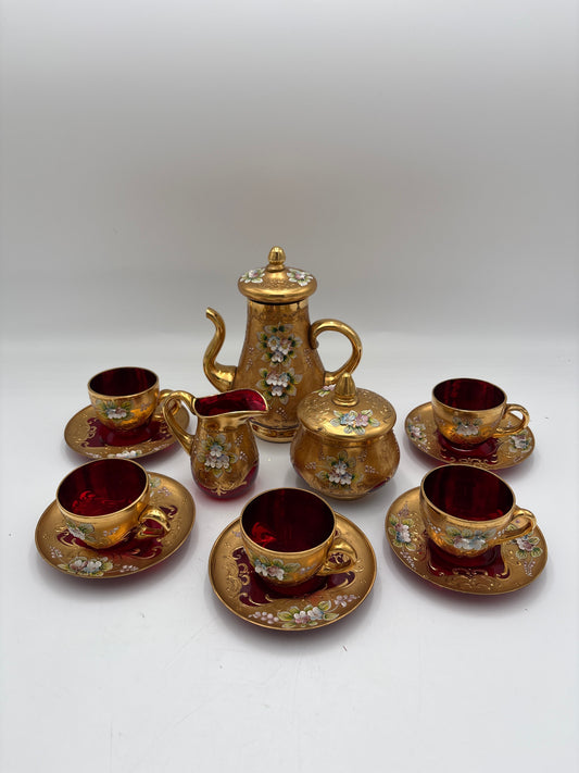 Vintage Bohemia krystal med Guld og Enamel, kaffesæt, Rød