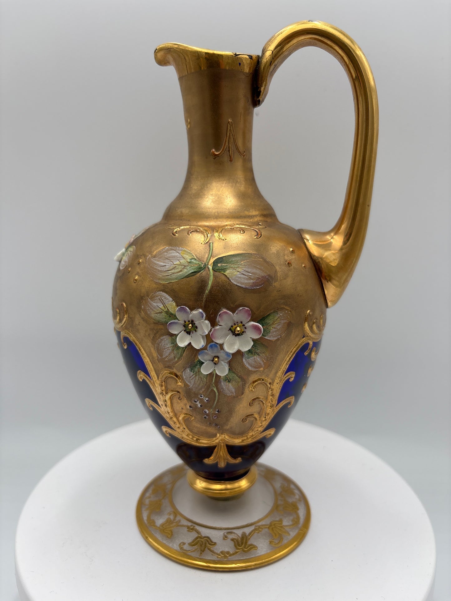 Vintage Bohemia krystal med Guld og Enamel, Kande, Blå(3), 20cm