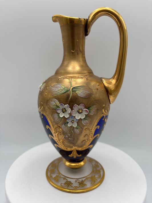 Vintage Bohemia krystal med Guld og Enamel, Kande, Blå(3), 20cm