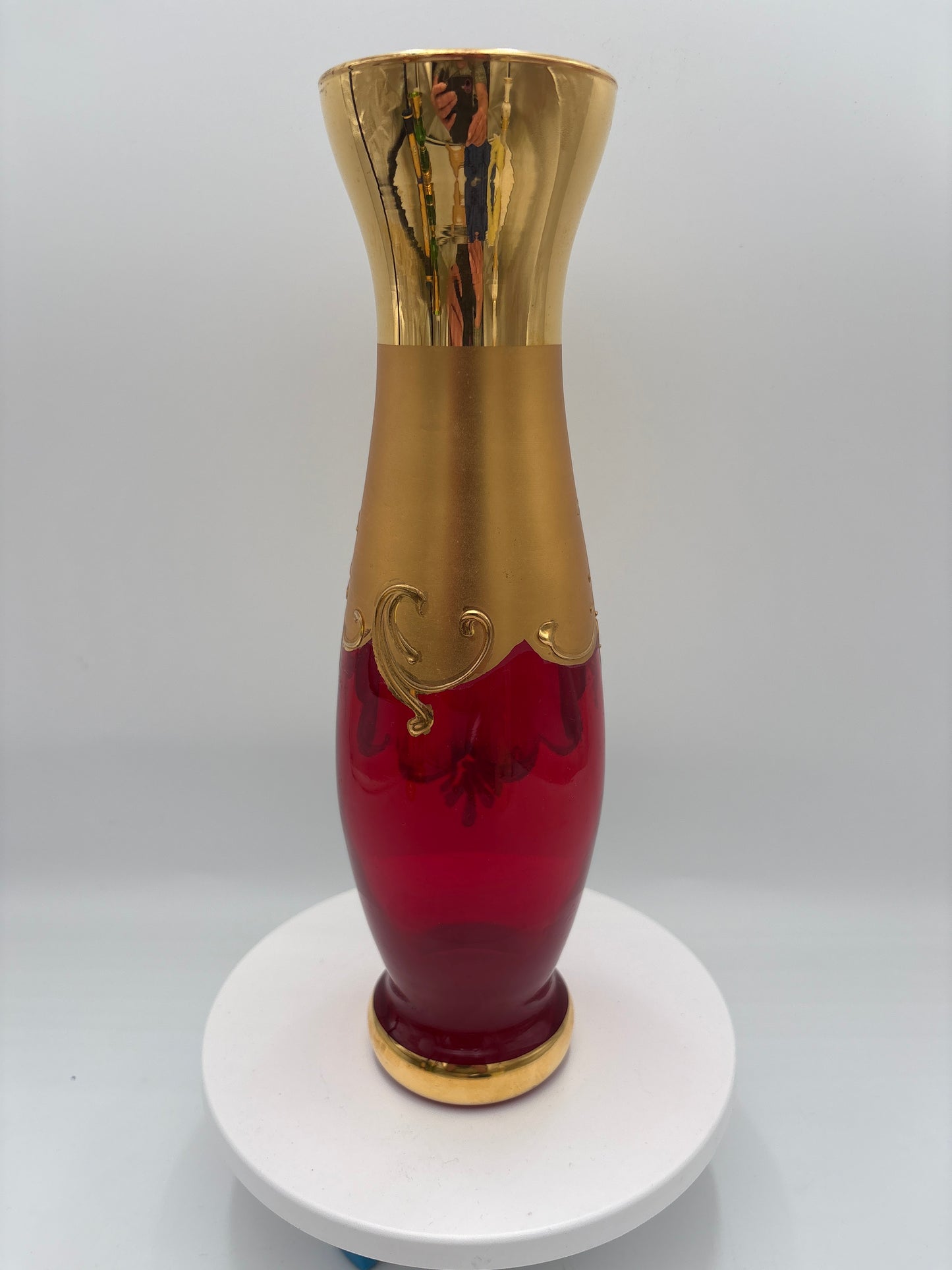 Vintage Bohemia krystal med Guld og Enamel, Vase, Rød, 28cm
