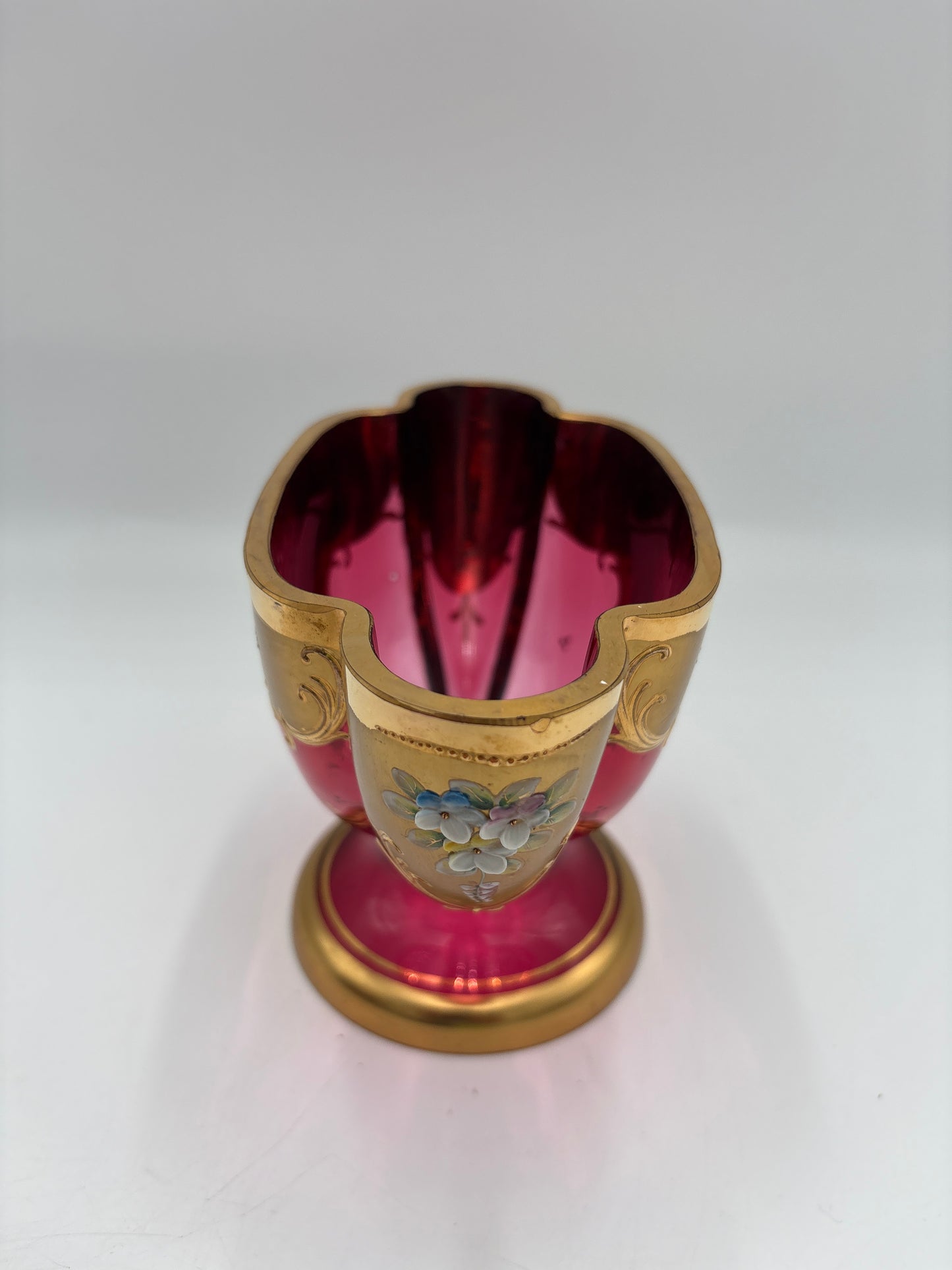 Vintage Bohemia krystal med Guld og Enamel,Lille oval opsats på fod, Rød, 12cm