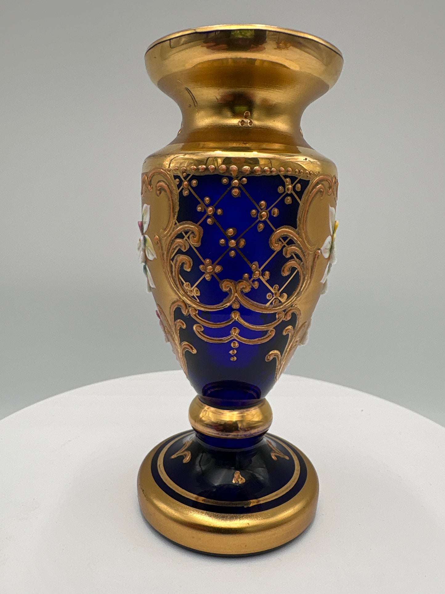 Vintage Bohemia krystal med Guld og Enamel-Vase på fod-Blå-12cm