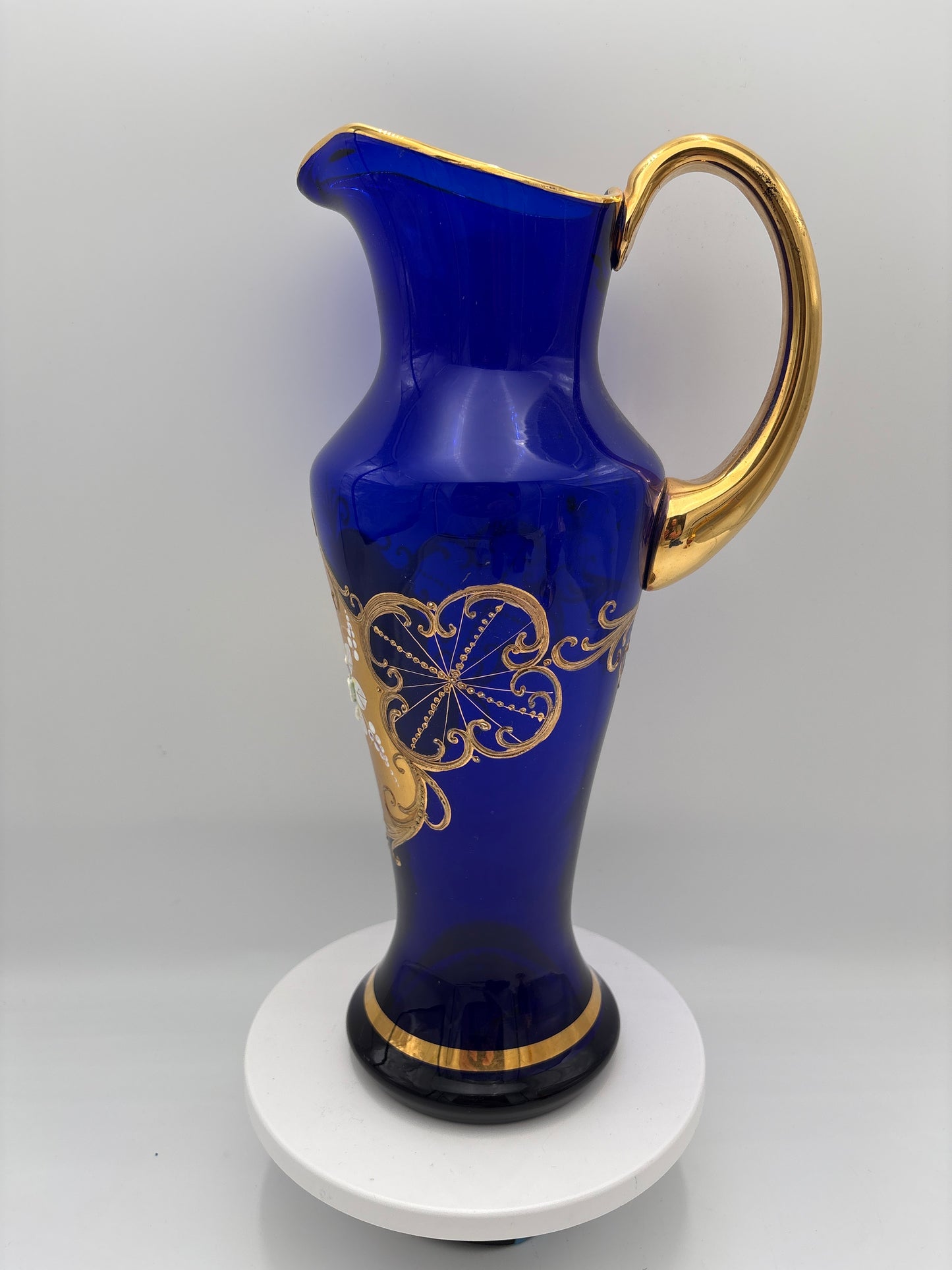 Vintage Bohemia krystal med Guld og Enamel, Kande, Blå, 32cm