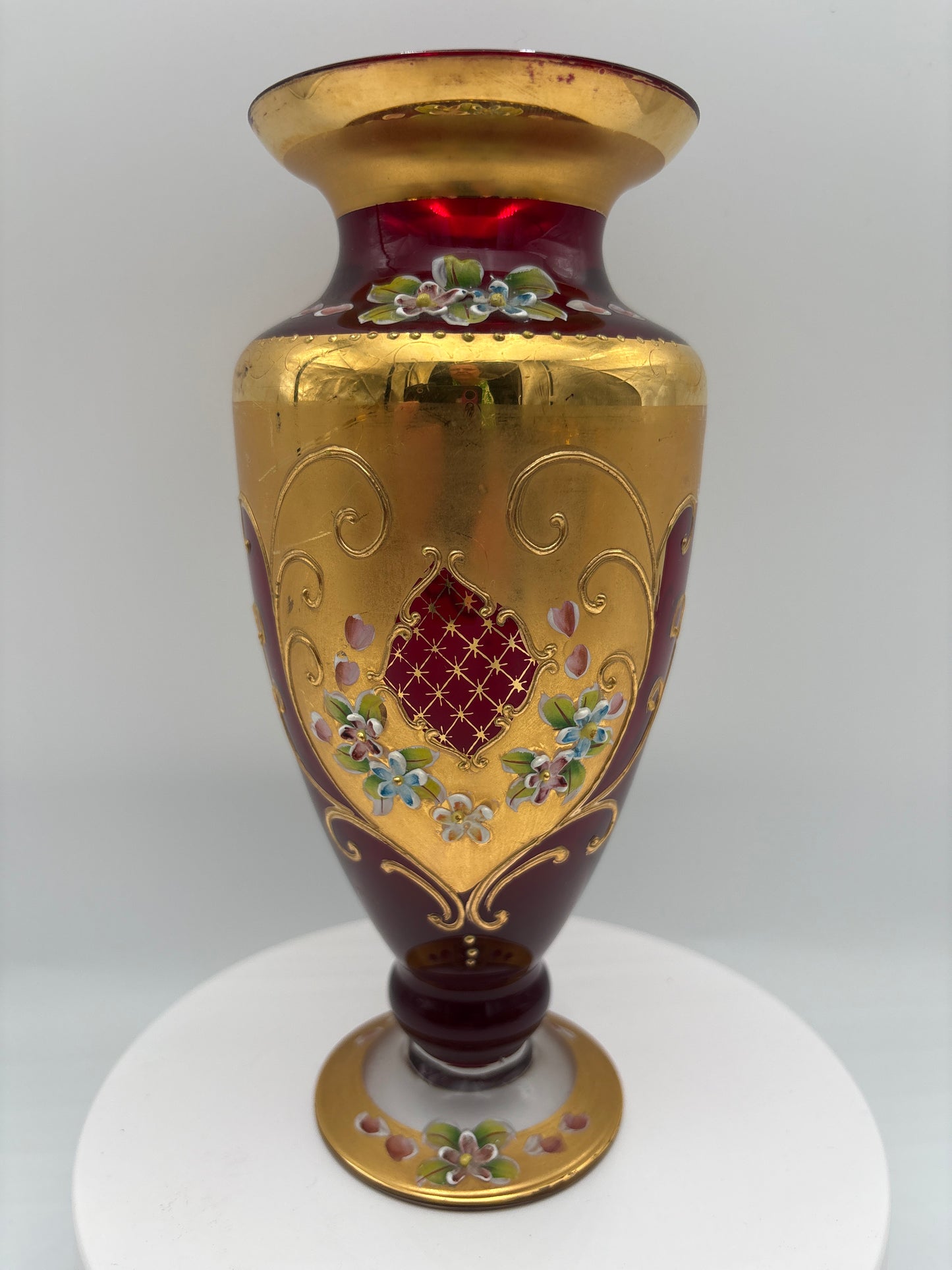 Vintage Bohemia krystal med Guld og Enamel-Vase på fod-Rød-21cm