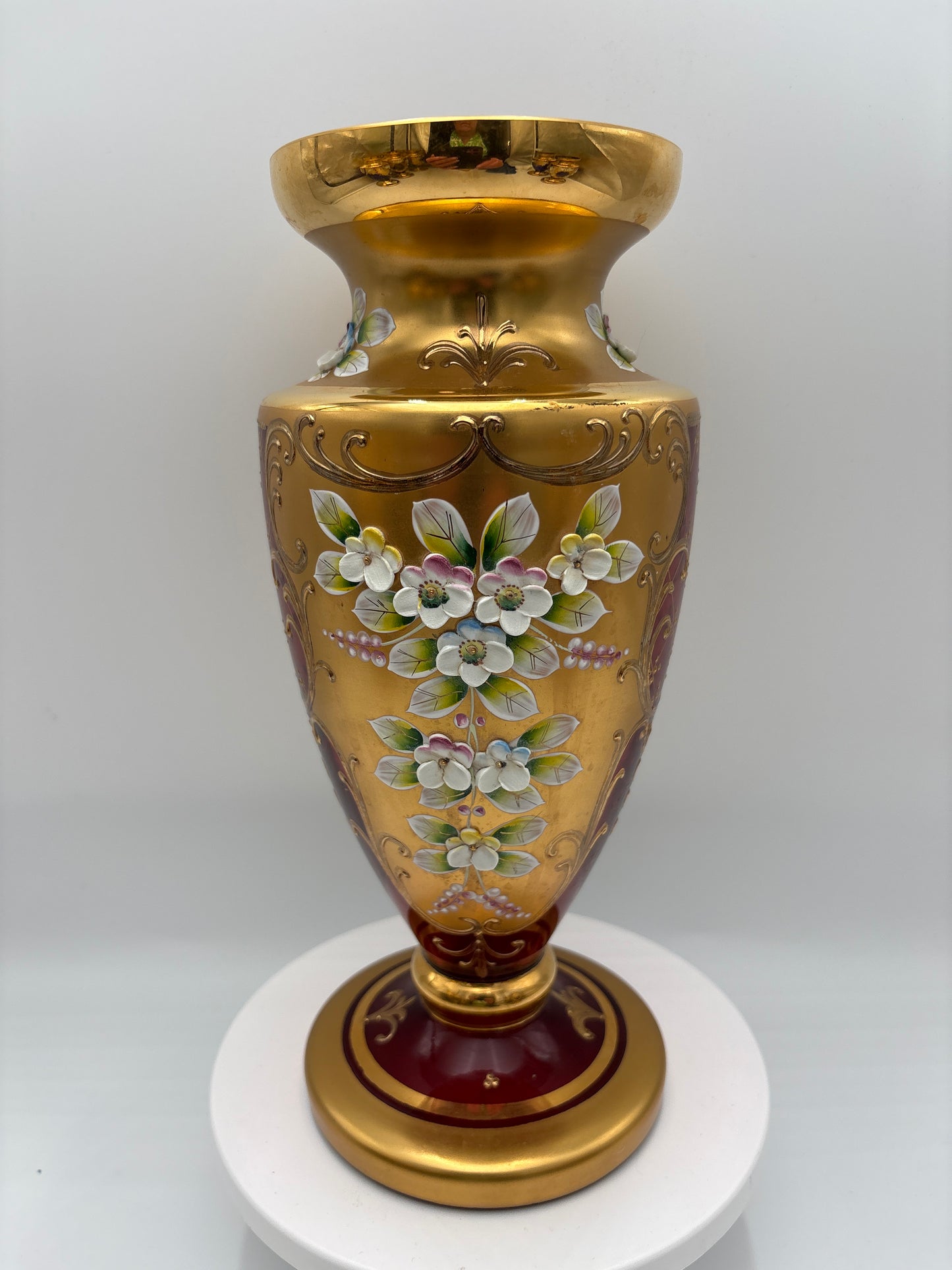 Vintage Bohemia krystal med Guld og Enamel-Vase på fod-Rød-27cm