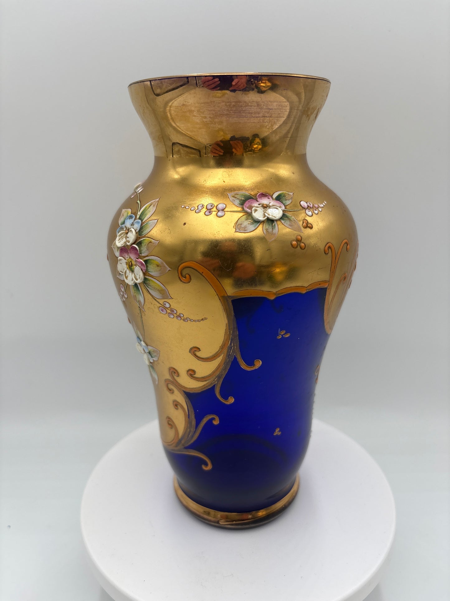 Vintage Bohemia krystal med Guld og Enamel, Vase, Blå, 22cm