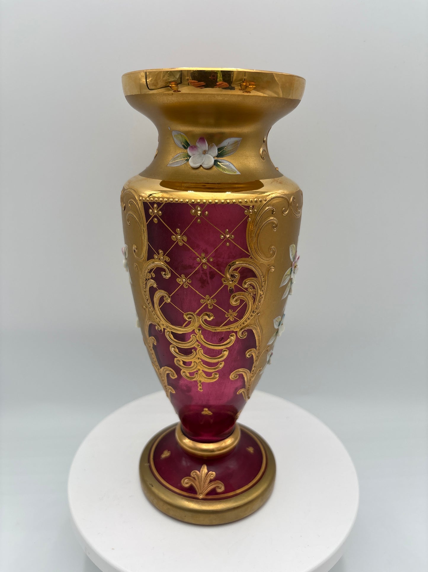 Vintage Bohemia krystal med Guld og Enamel-Vase på fod-Rød(3)-22cm