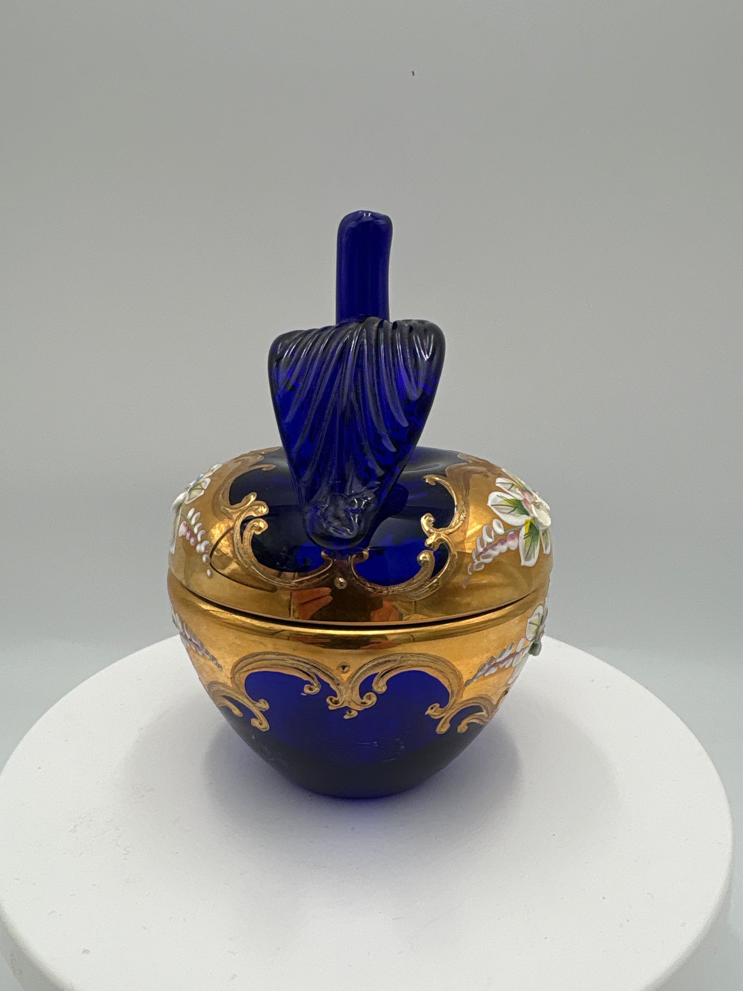 Vintage Bohemia krystal med Guld og Enamel, Æble Bonboniere, Blå, 13cm
