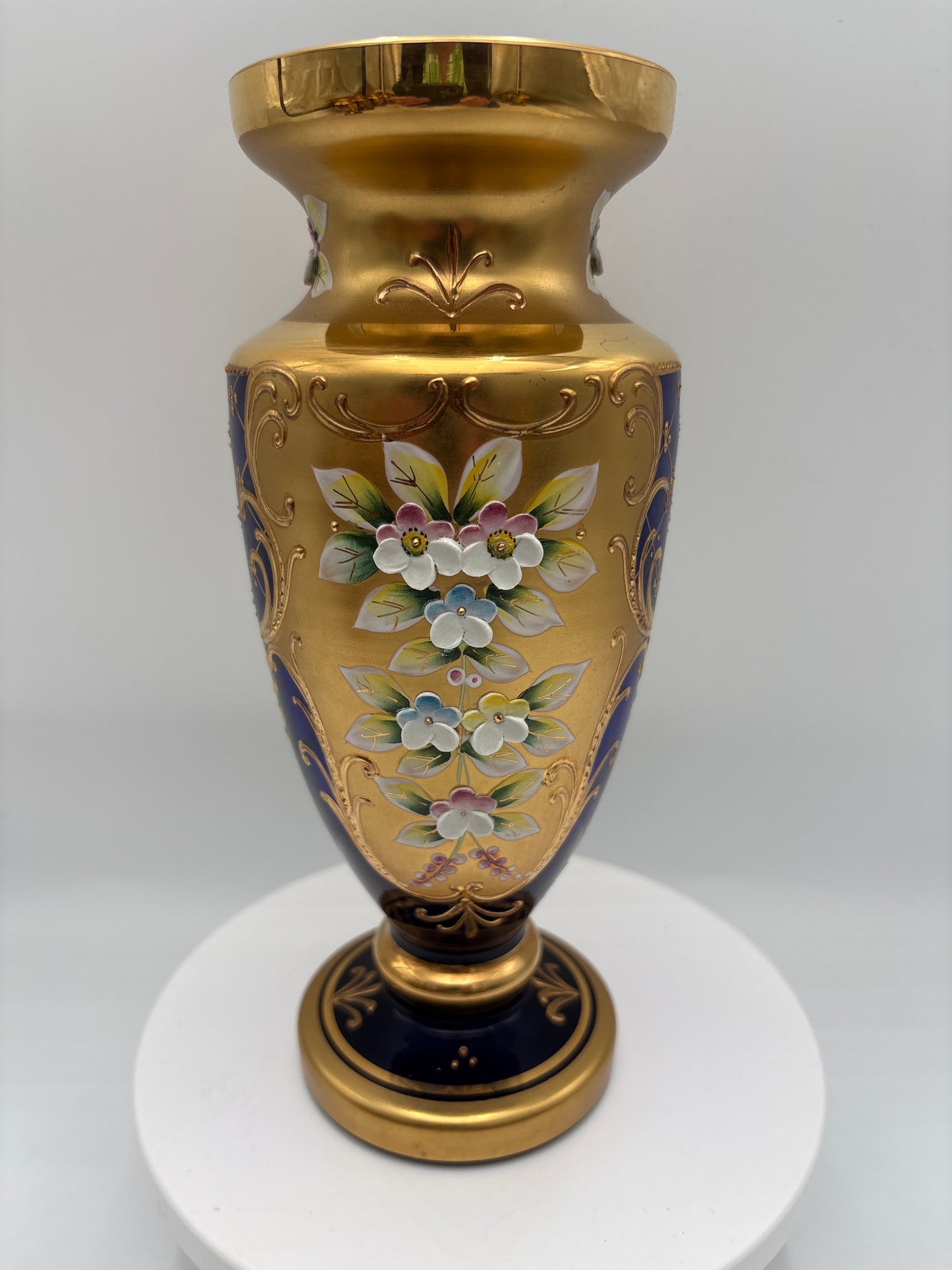 Vintage Bohemia krystal med Guld og Enamel-Vase på fod-Blå(1)-22cm
