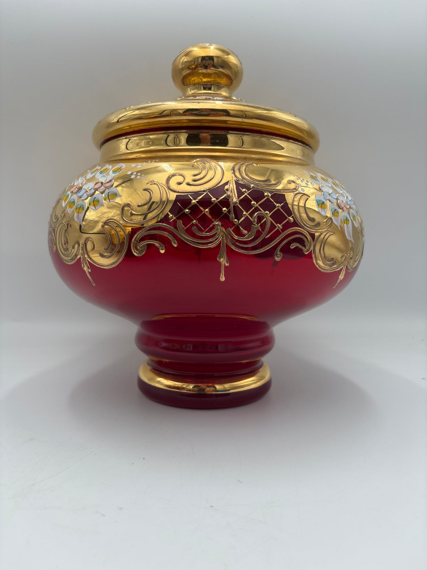 Vintage Bohemia krystal med Guld og Enamel, Punch Bowl, Rød, 26cm