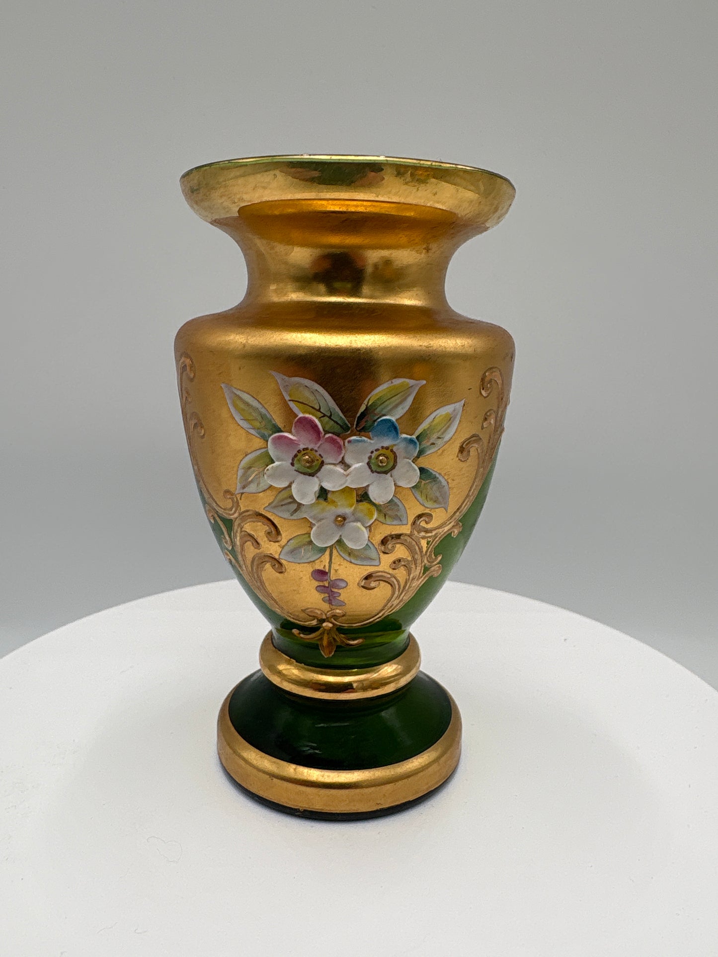 Vintage Bohemia krystal med Guld og Enamel-Vase på fod-Grøn-10cm