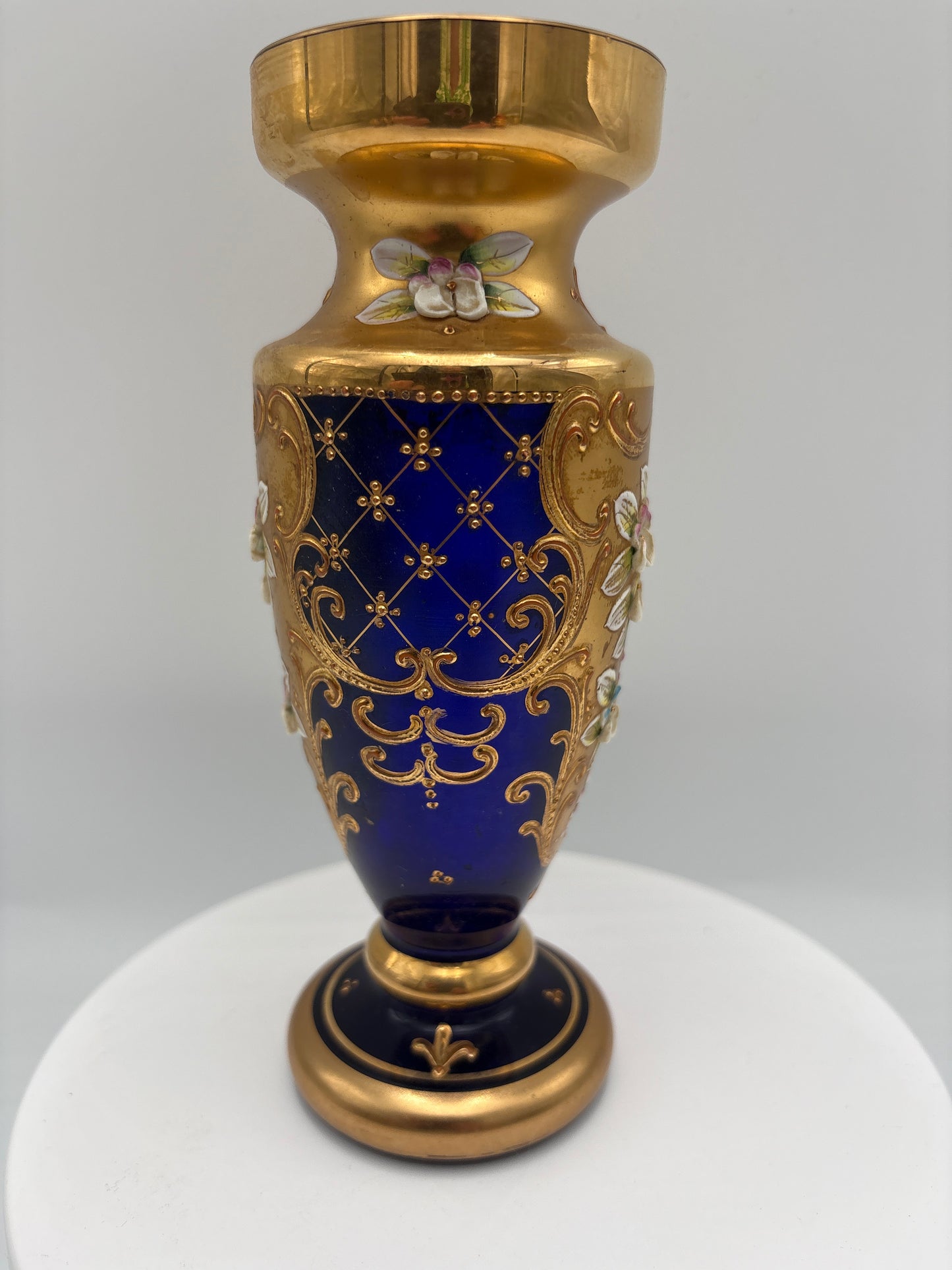 Vintage Bohemia krystal med Guld og Enamel-Vase på fod-Blå(5)-18cm