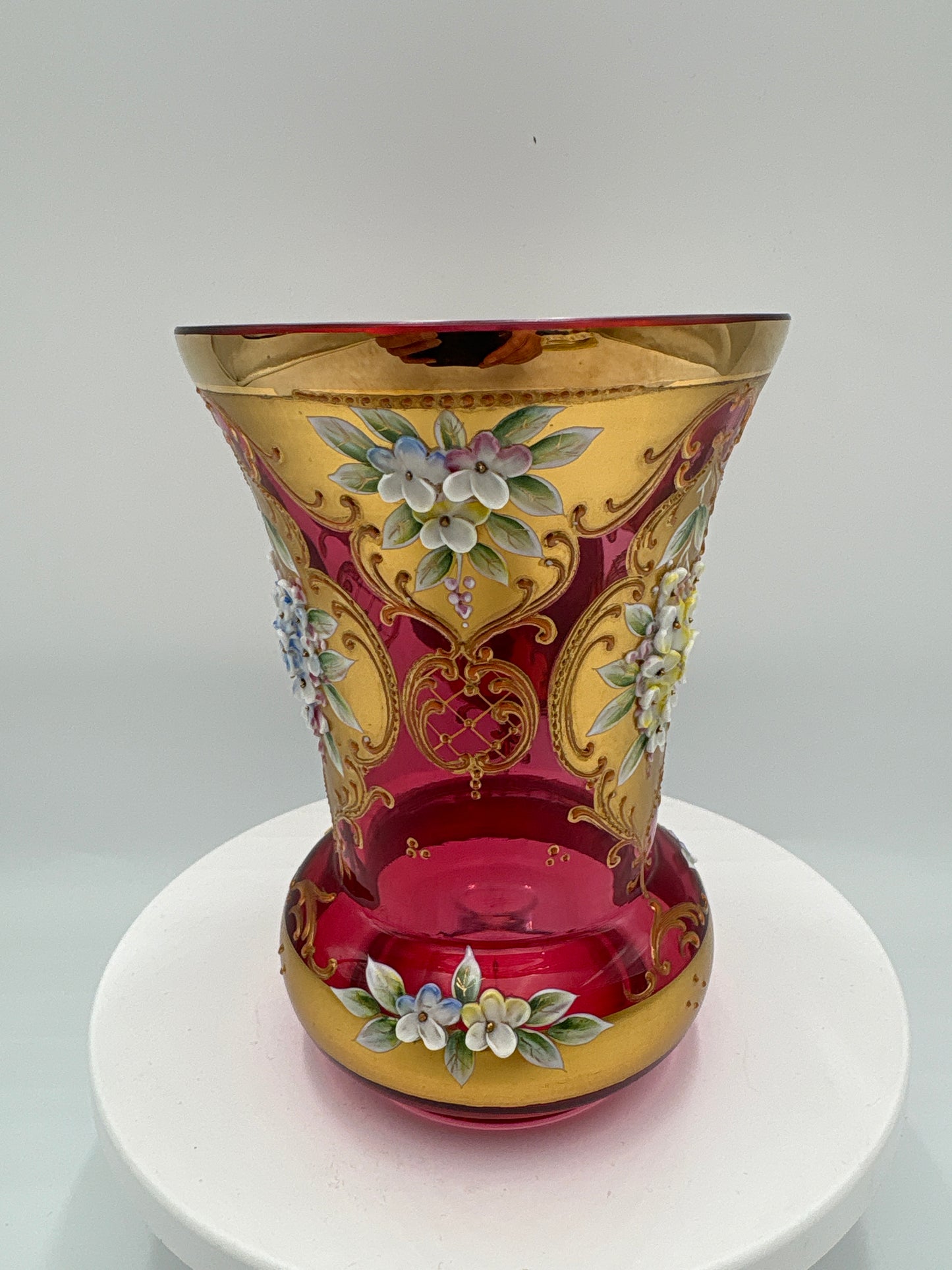 Vintage Bohemia krystal med Guld og Enamel, Vase , Rød(1), 14cm