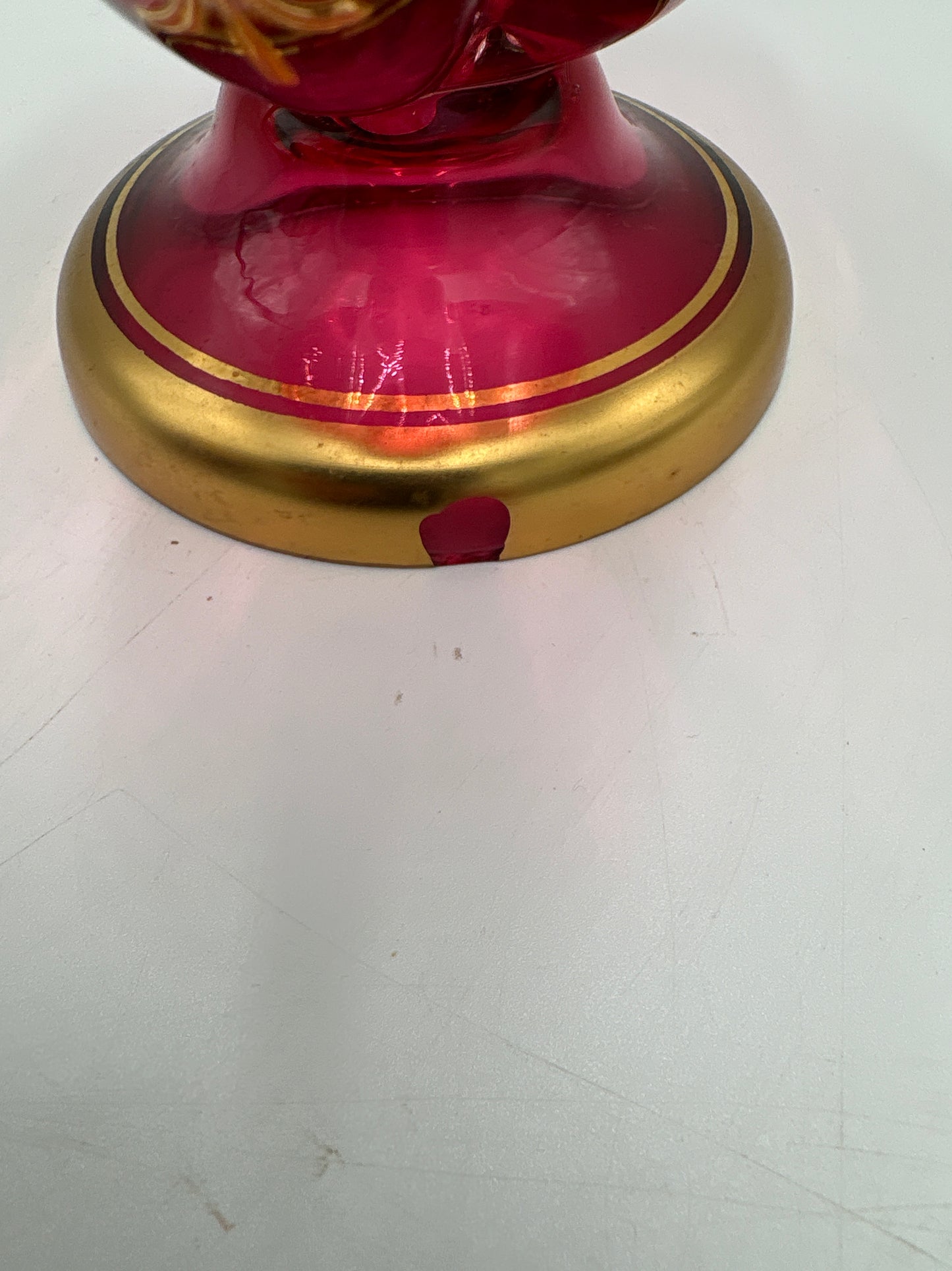 Vintage Bohemia krystal med Guld og Enamel,Lille oval opsats på fod, Rød, 12cm