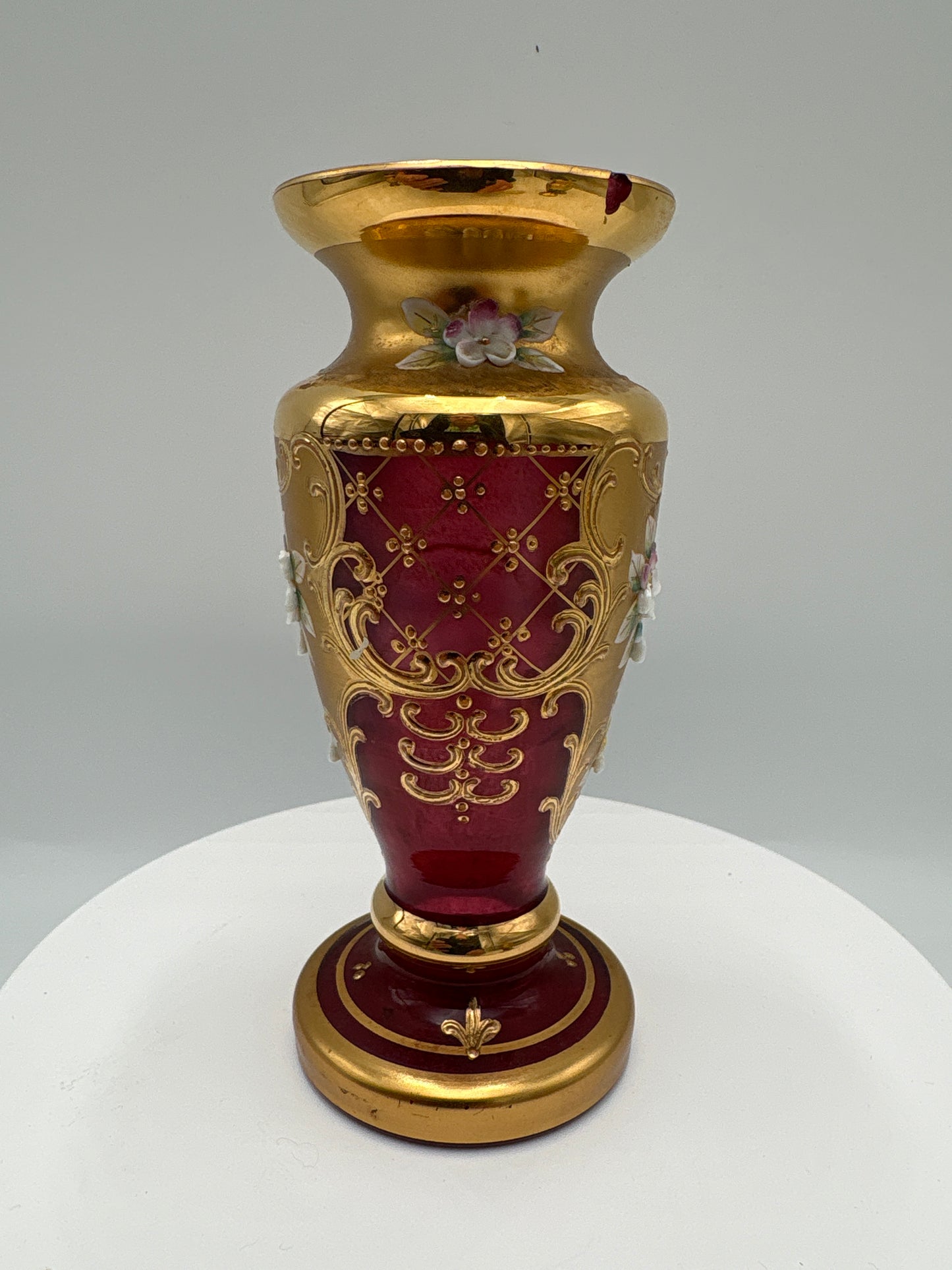 Vintage Bohemia krystal med Guld og Enamel-Vase på fod-Rød-14cm