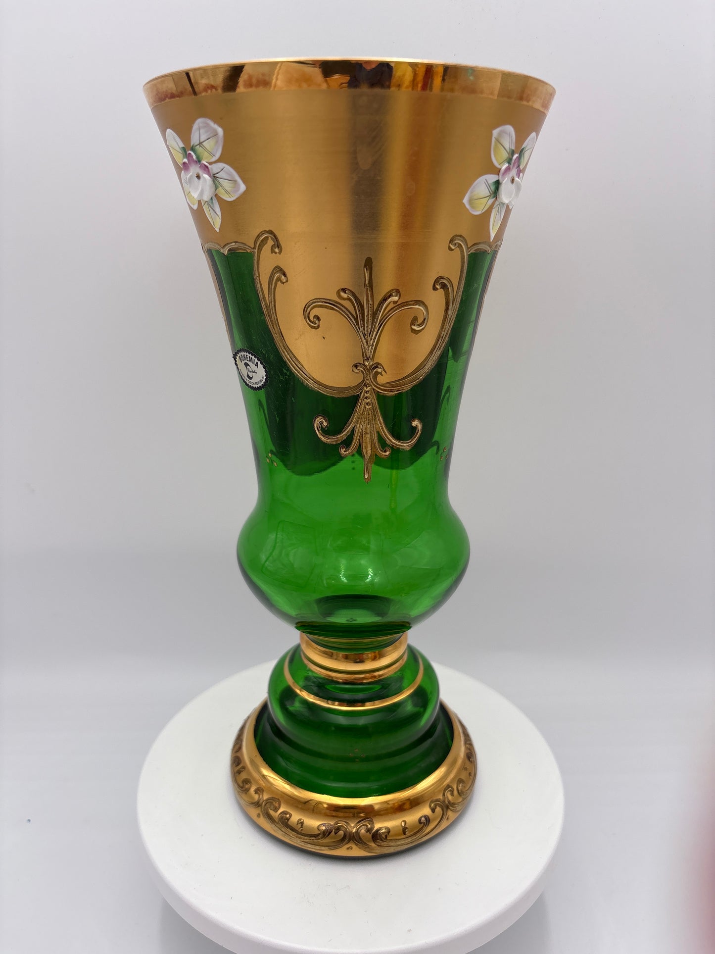 Vintage Bohemia krystal med Guld og Enamel, Vase på fod , Grøn, 26cm
