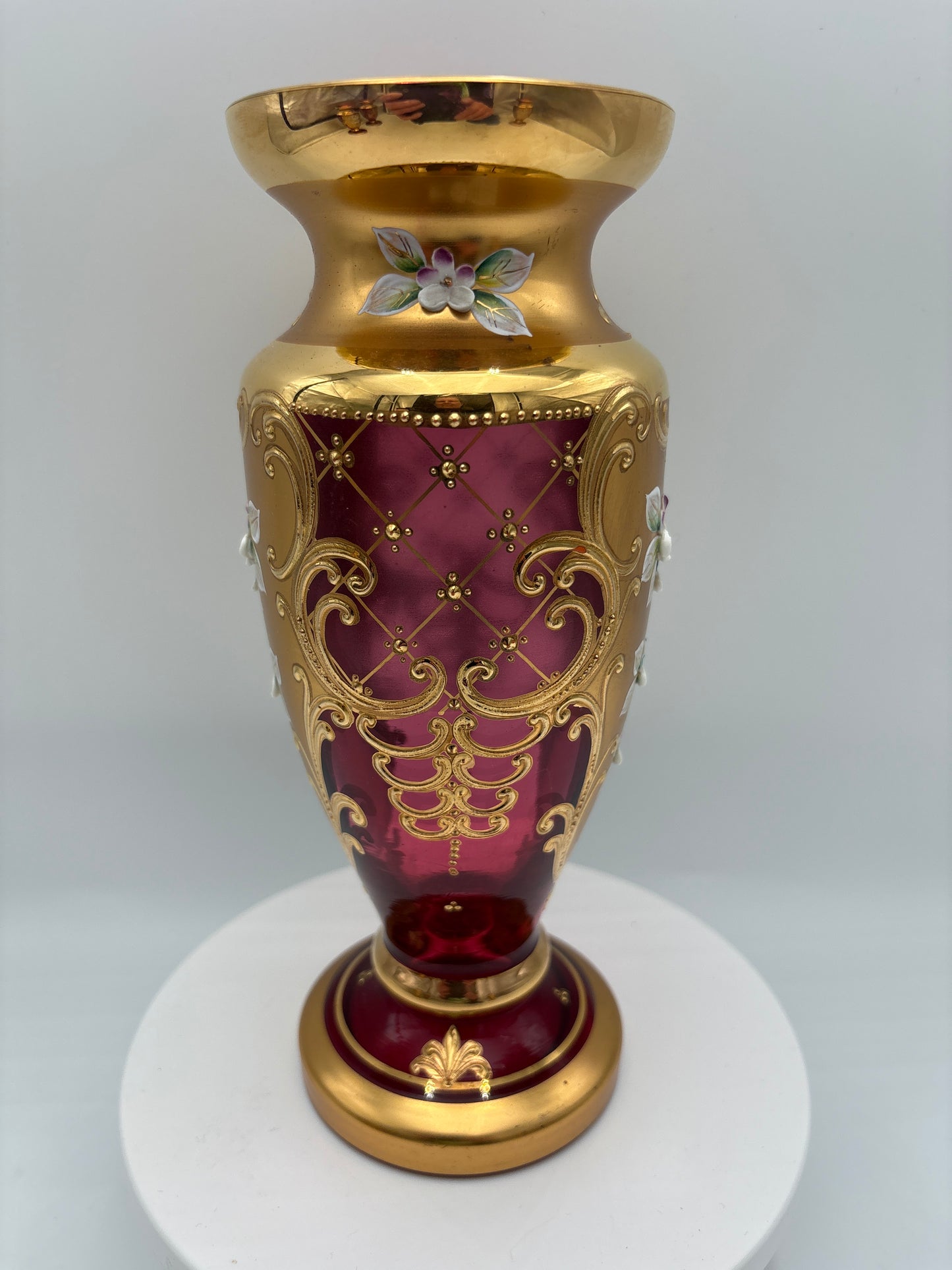Vintage Bohemia krystal med Guld og Enamel-Vase på fod-Rød(2)-22cm