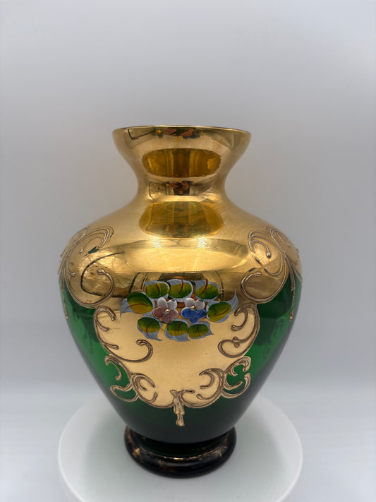 Vintage Bohemia krystal med Guld og Enamel, Vase, Grøn, 22cm
