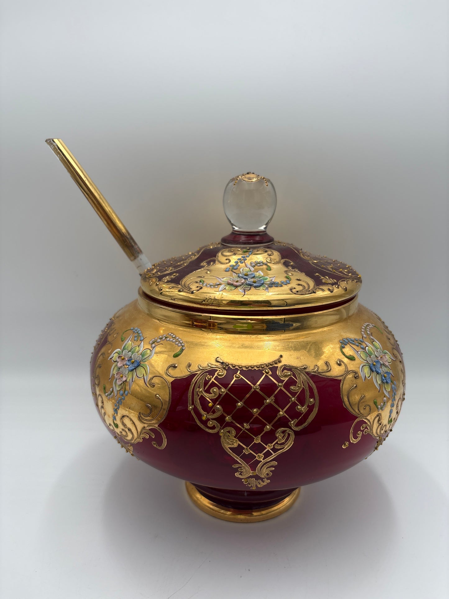 Vintage Bohemia krystal med Guld og Enamel, Punch Bowl med ske og 4 kopper, Rød, 25cm