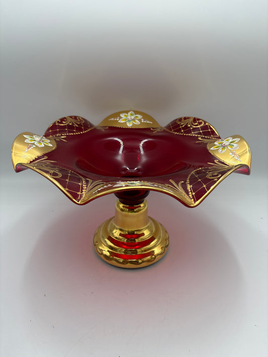 Vintage Bohemia krystal med Guld og Enamel, Opsats på fod, Rød, 19cm