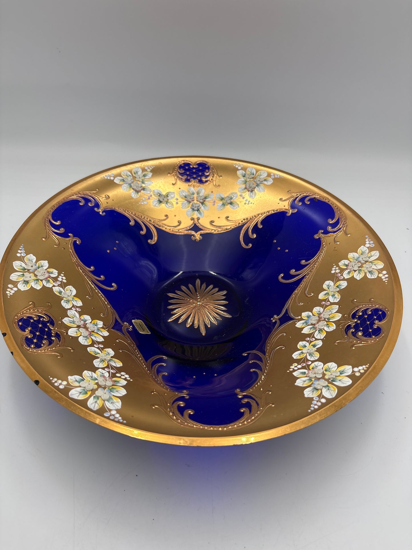 Vintage Bohemia krystal med Guld og Enamel, Fad, Blå, ø32,5cm