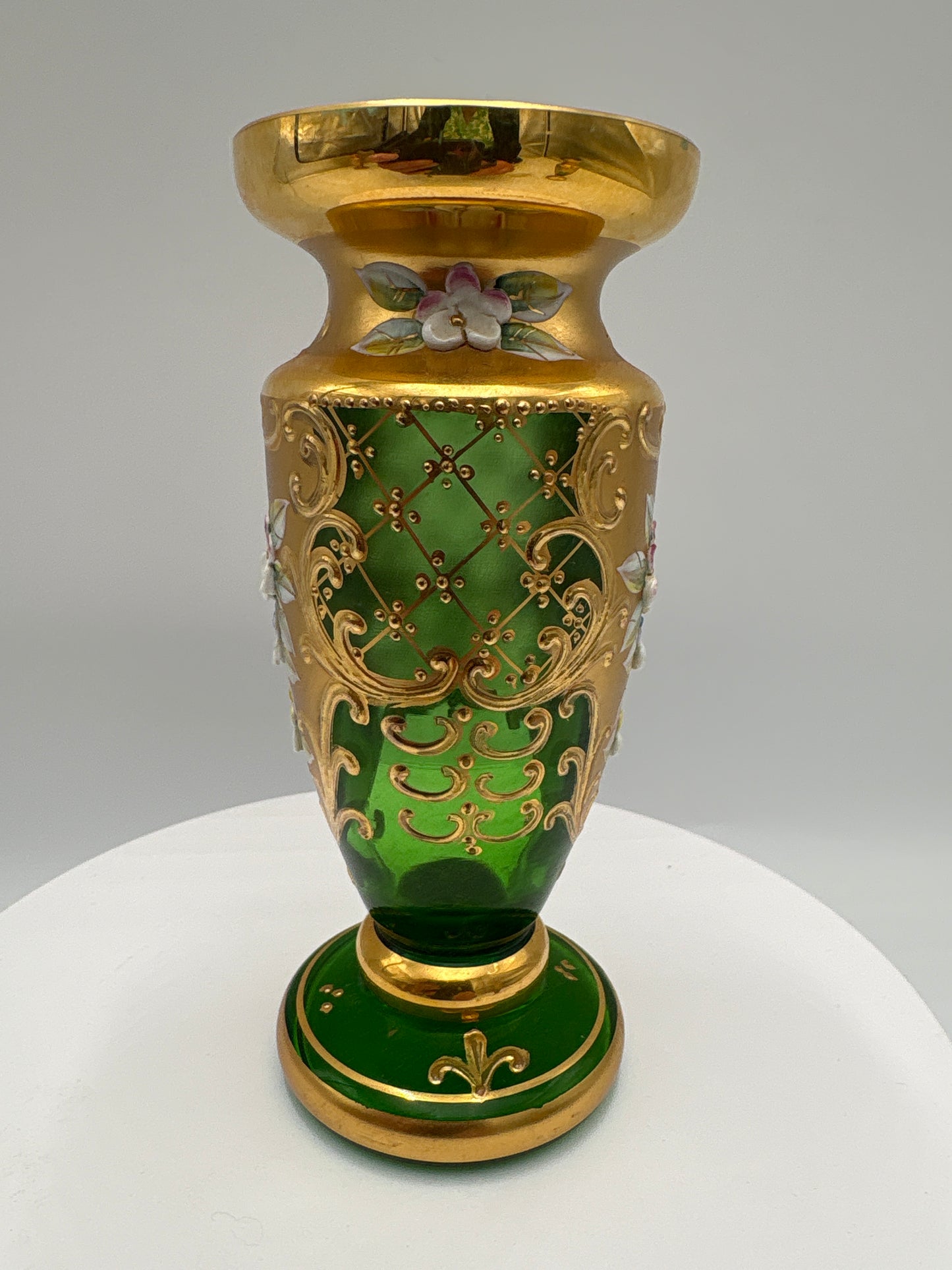 Vintage Bohemia krystal med Guld og Enamel-Vase på fod-Grøn-14cm