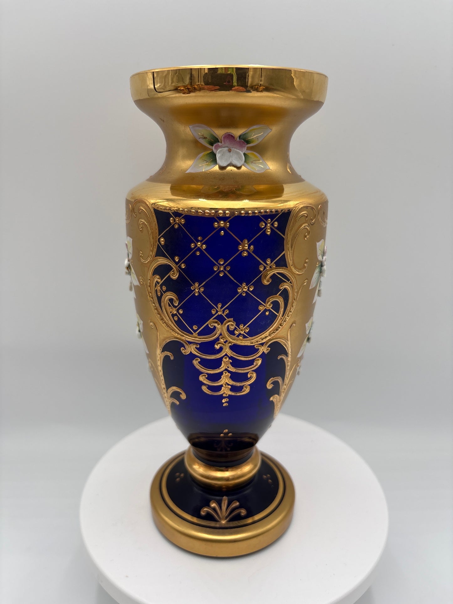 Vintage Bohemia krystal med Guld og Enamel-Vase på fod-Blå(1)-22cm