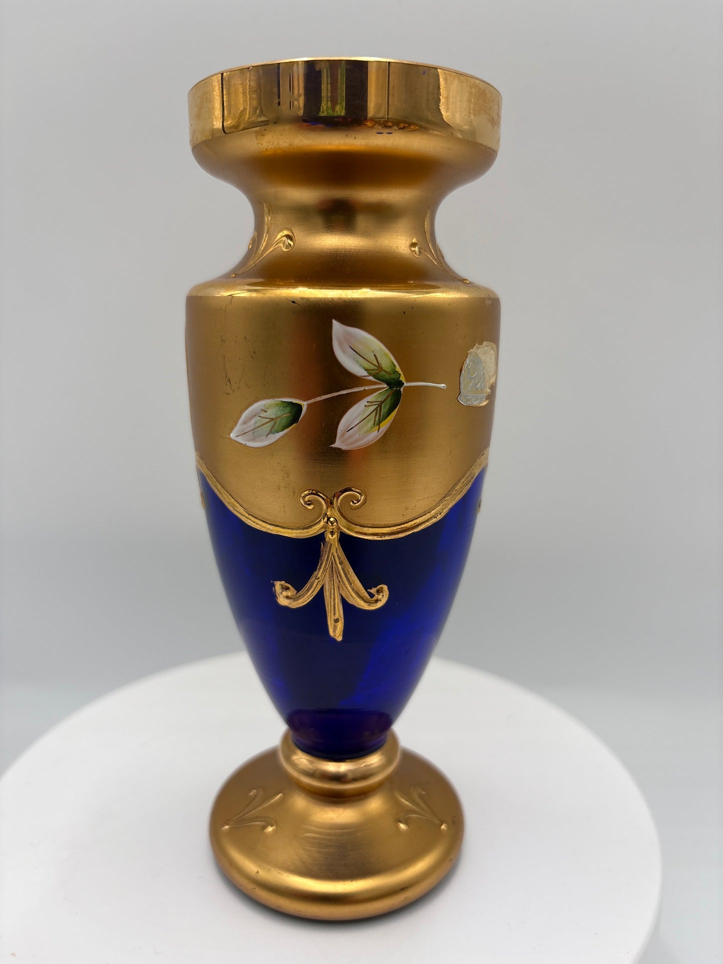 Vintage Bohemia krystal med Guld og Enamel-Vase på fod-Blå(1)-17cm