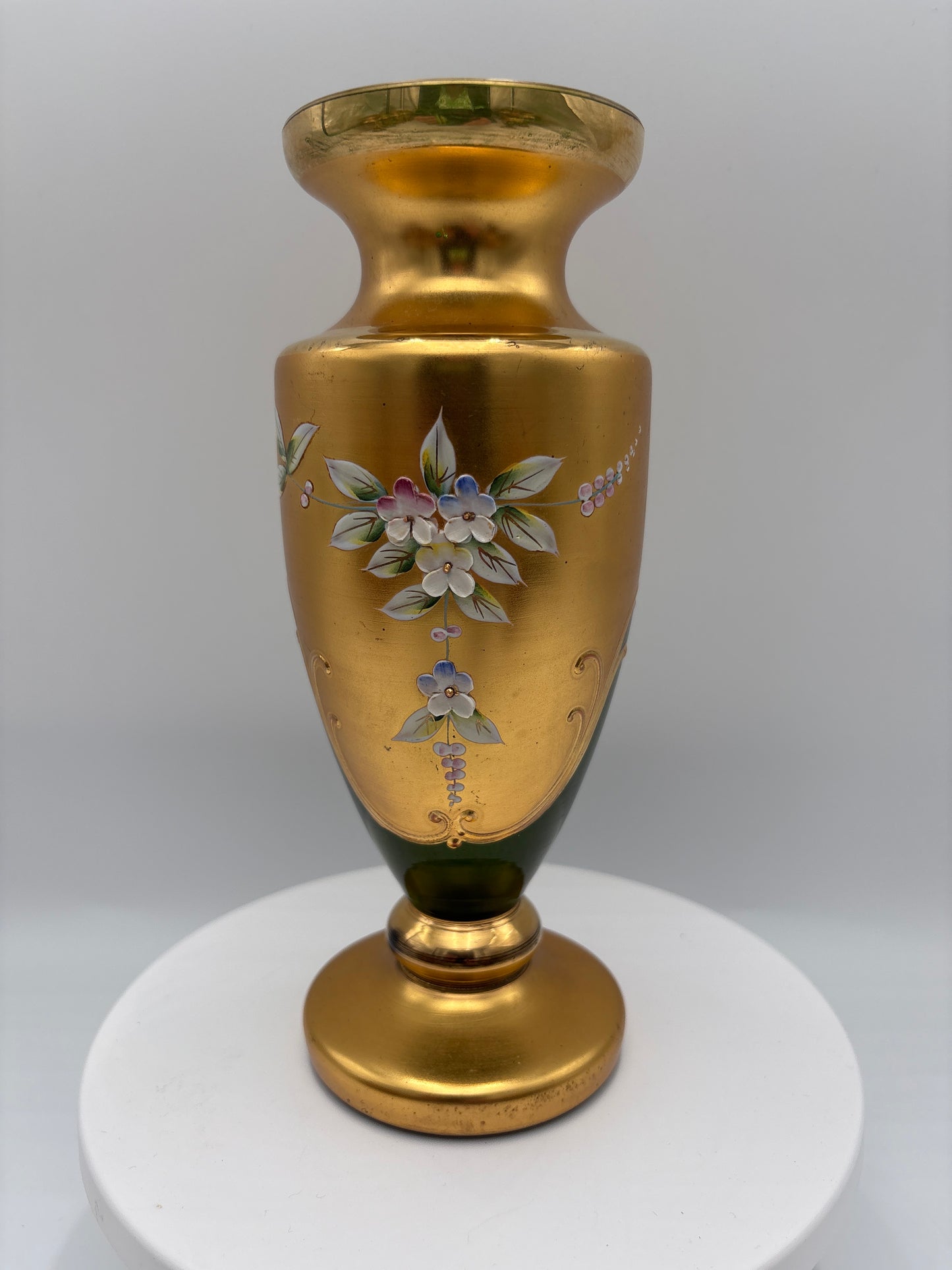 Vintage Bohemia krystal med Guld og Enamel-Vase på fod-Grøn(1)-19cm