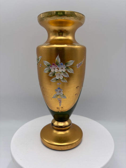 Vintage Bohemia krystal med Guld og Enamel-Vase på fod-Grøn(1)-19cm
